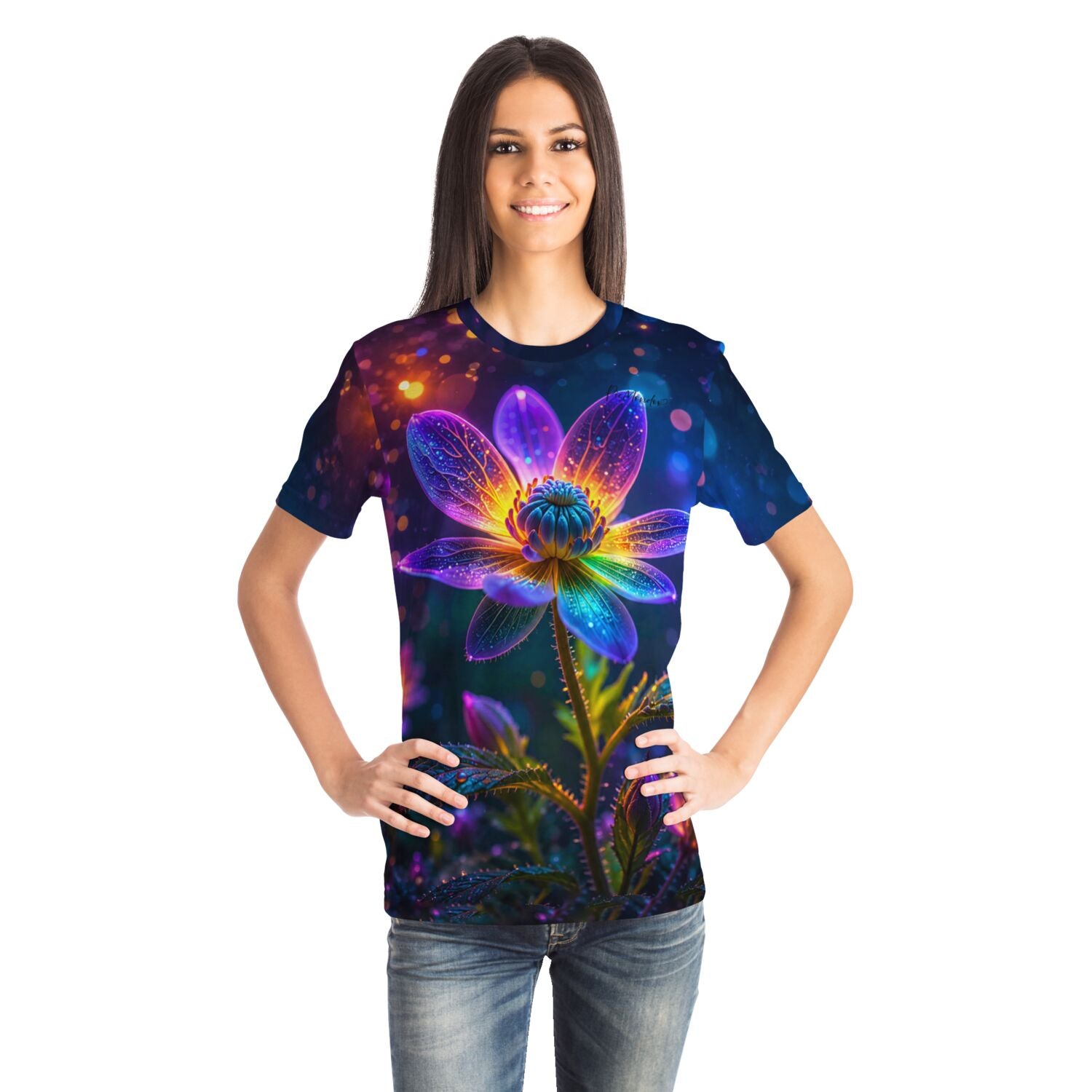 Frau trägt Dreamer T-Shirt mit leuchtendem Blumenmotiv im Stil von Diamond Painting Kunst und Malen nach Zahlen Designs.
