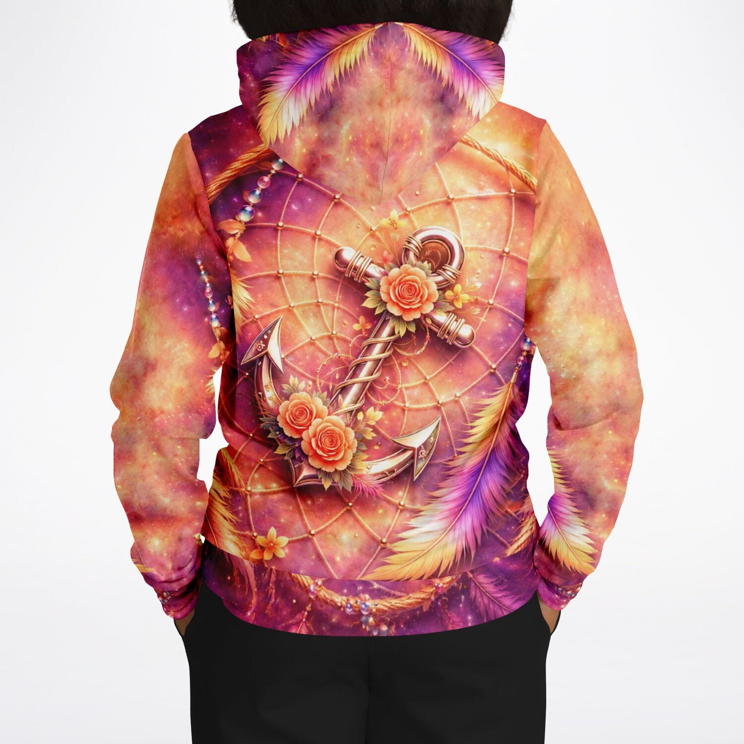 Dreamer Hoodie mit Anker, Rosen und Federn im sommerlichen Galaxy-Design, ideal für Diamond Painting und Kunst-Fans.