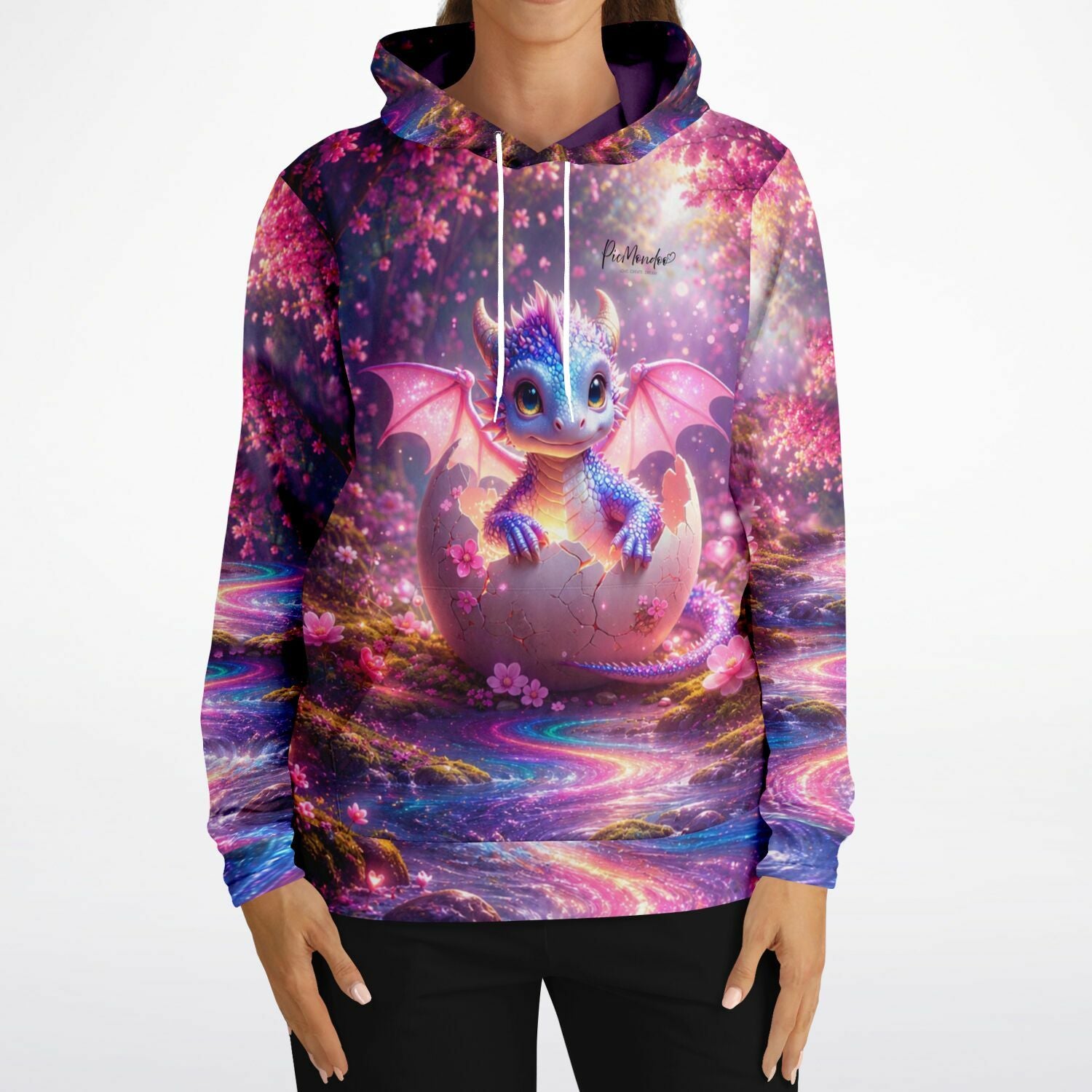 Dreamer Hoodie mit niedlichem Dragon Sunny Motiv in magischer Blumenlandschaft, inspiriert von Diamond Painting Kunst