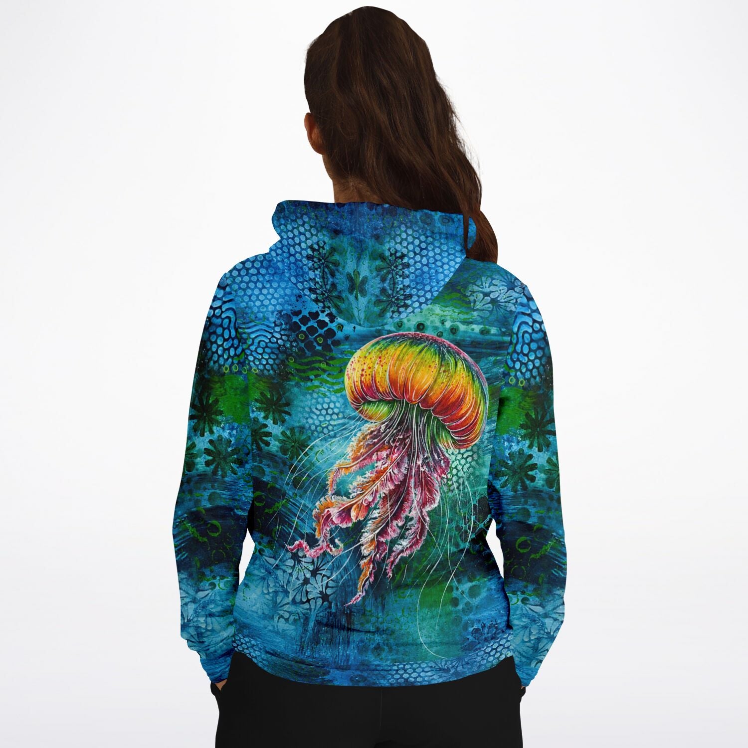 Dreamer Hoodie Medusa Solaris Rückenansicht mit farbenfrohem Quallen-Motiv im Stil von Diamond Painting Kunst
