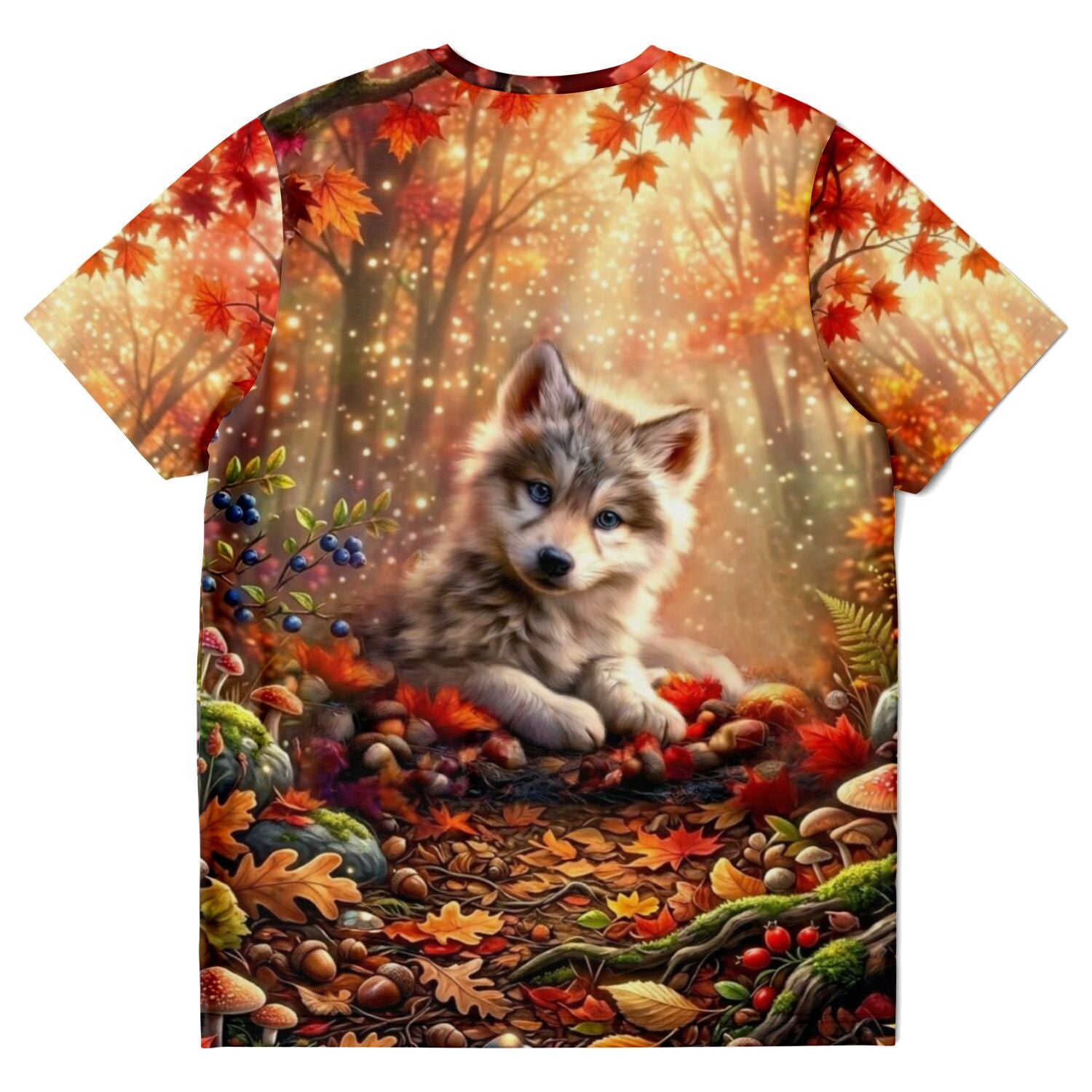 T-Shirt mit Akiro Wolf Design im herbstlichen Wald, ideal für Fans von Diamond Painting und Malen nach Zahlen Motiven.