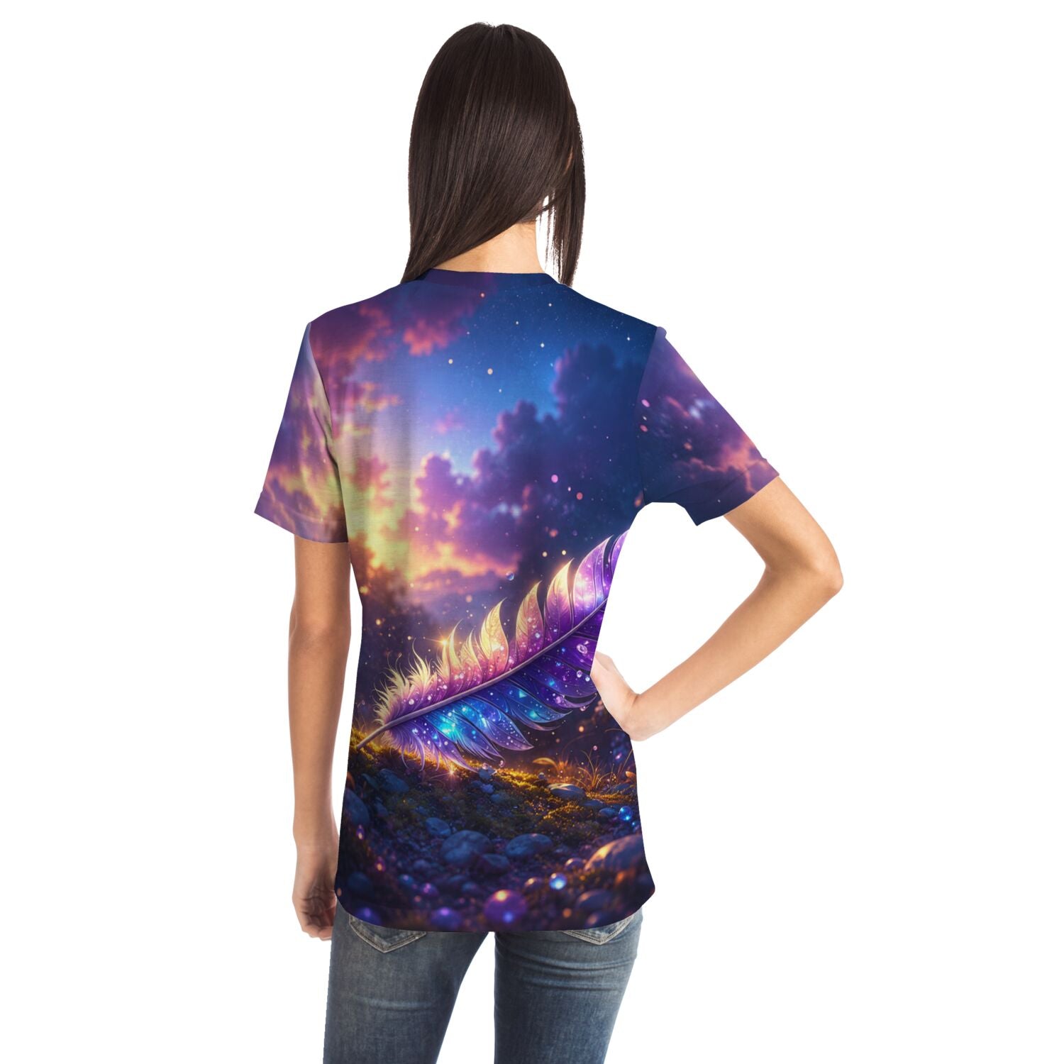 Dreamer T-Shirt mit leuchtender Feder im Sternenhimmel – ästhetisches Design für Fans von Diamond Painting und Kunst.