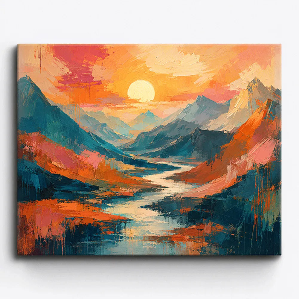 Malen nach Zahlen für Erwachsene: Berglandschaft mit leuchtender Sonne und Fluss in warmen Farben auf Leinwand.