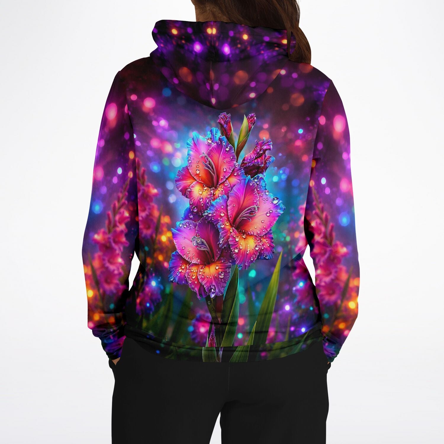 Dreamer Hoodie Morgentau mit farbenfrohem Gladiolen-Motiv und glitzerndem Bokeh-Effekt im Stil unserer DIY-Kunstwerke