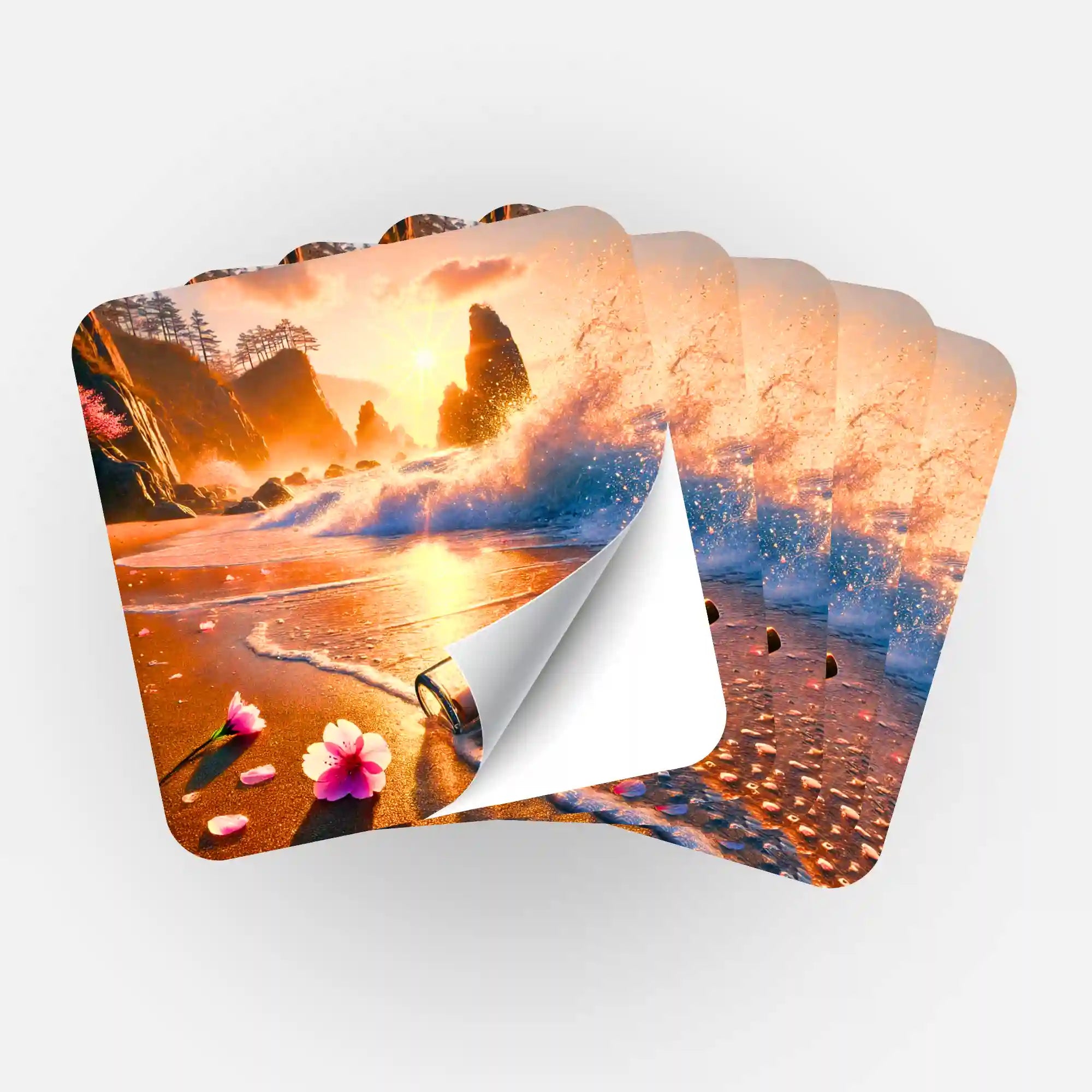 5er-Set Aufkleber mit Meeresmotiv für Diamond Painting Organisation, Strand mit Flaschenpost im Sonnenuntergang