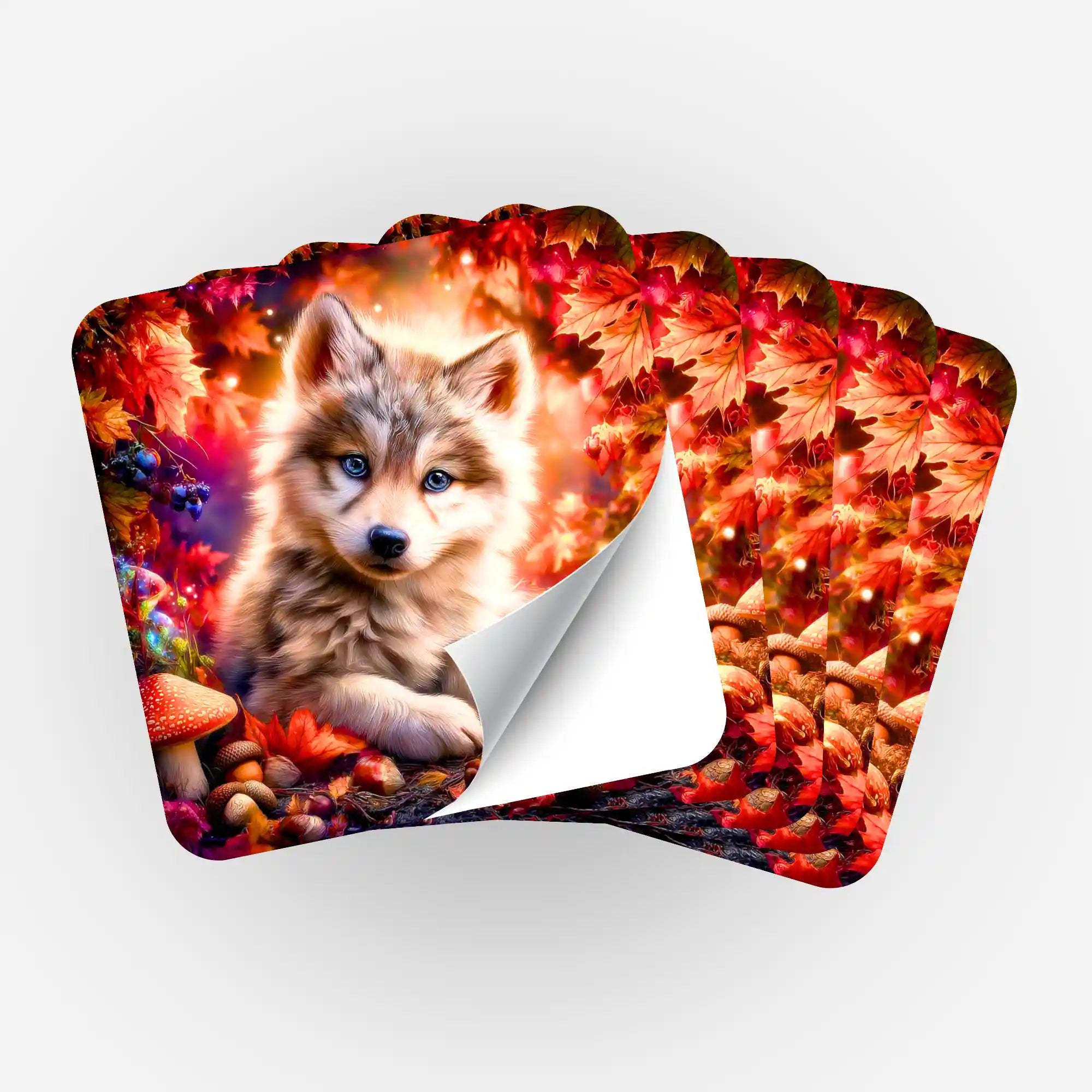5er-Set Akiro Wolf-Aufkleber für Diamond Painting Organisation mit herbstlichem Waldmotiv und Pilzen