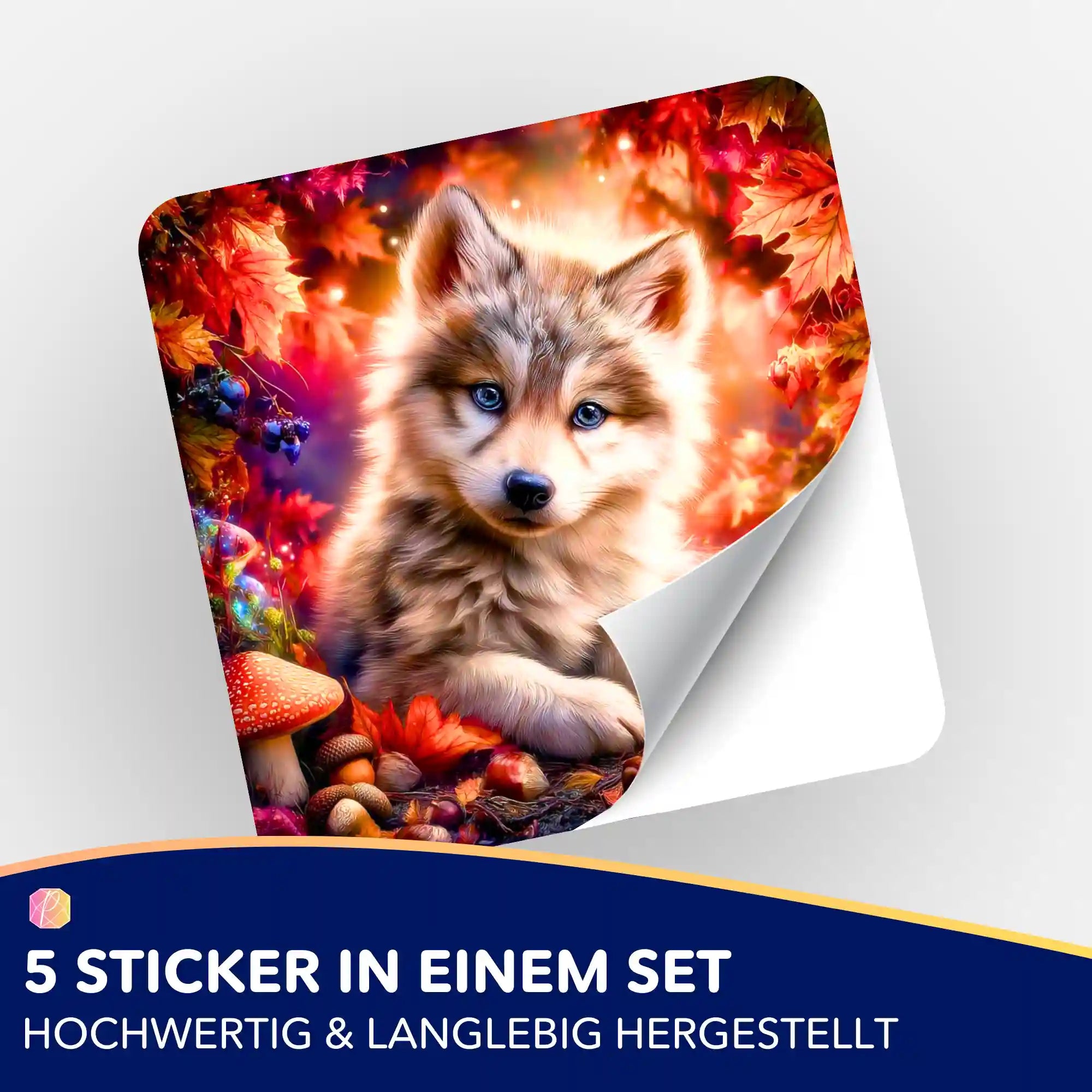 Akiro Wolf Aufkleber-Set für Diamond Painting Fans mit herbstlichem Waldmotiv, Pilzen und lebendigen Farben