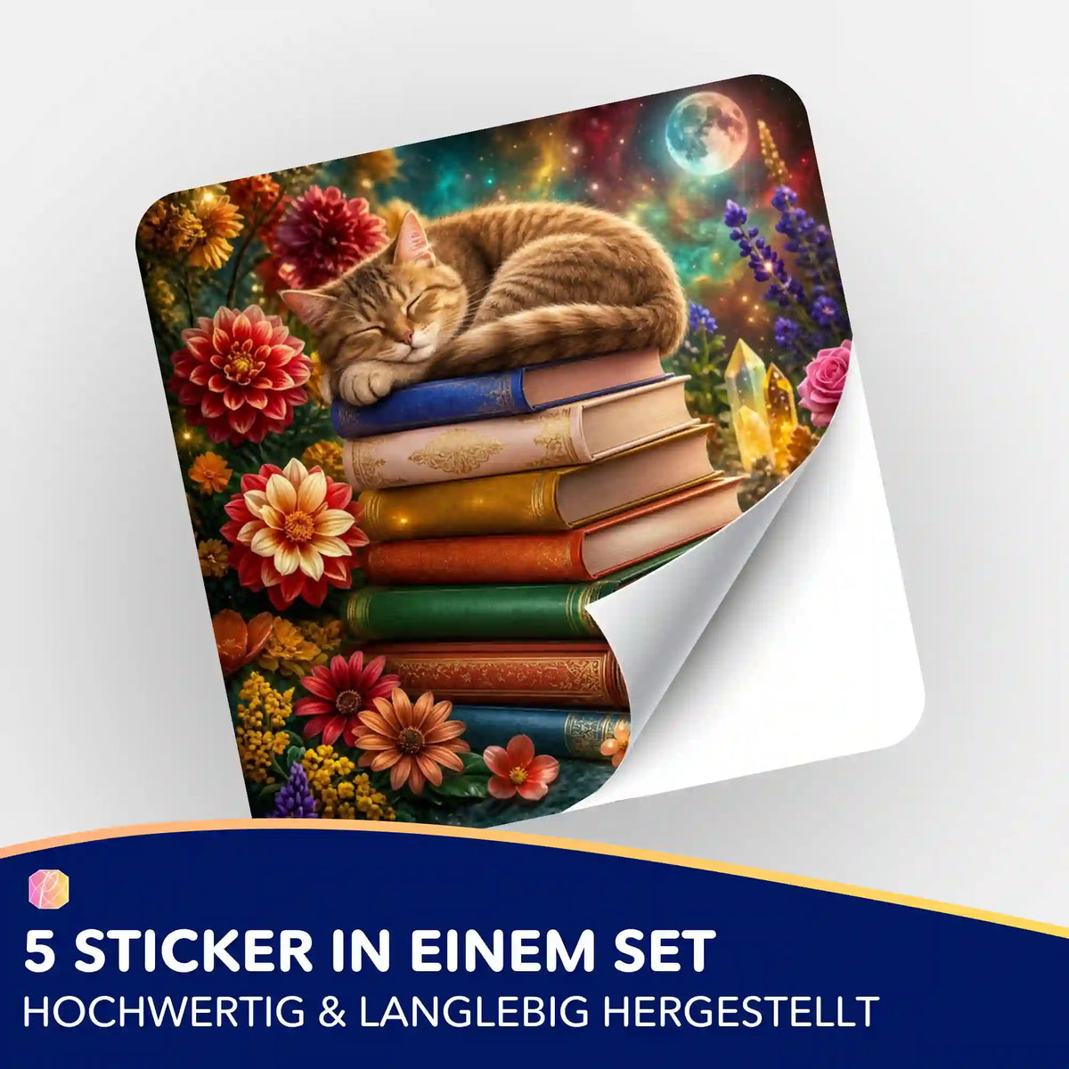 Picmondoo Diamond Painting Sticker Bücherträumerei: Schlafende Katze auf Bücherstapel im Blumenmeer.