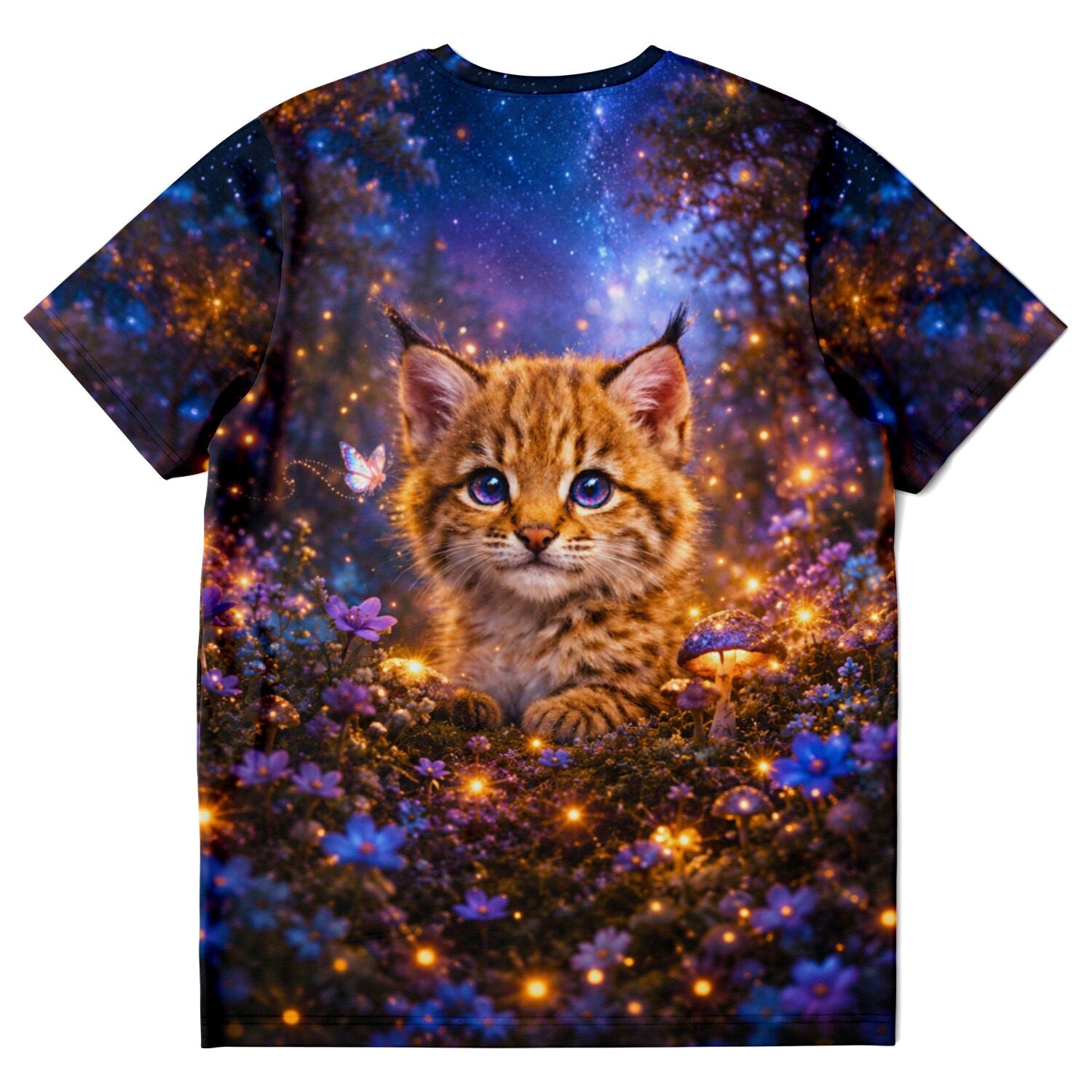T-Shirt mit Luchs-Motiv in magischem Wald, inspiriert von Diamond Painting Kunst mit leuchtenden Blumen und Sternenhimmel