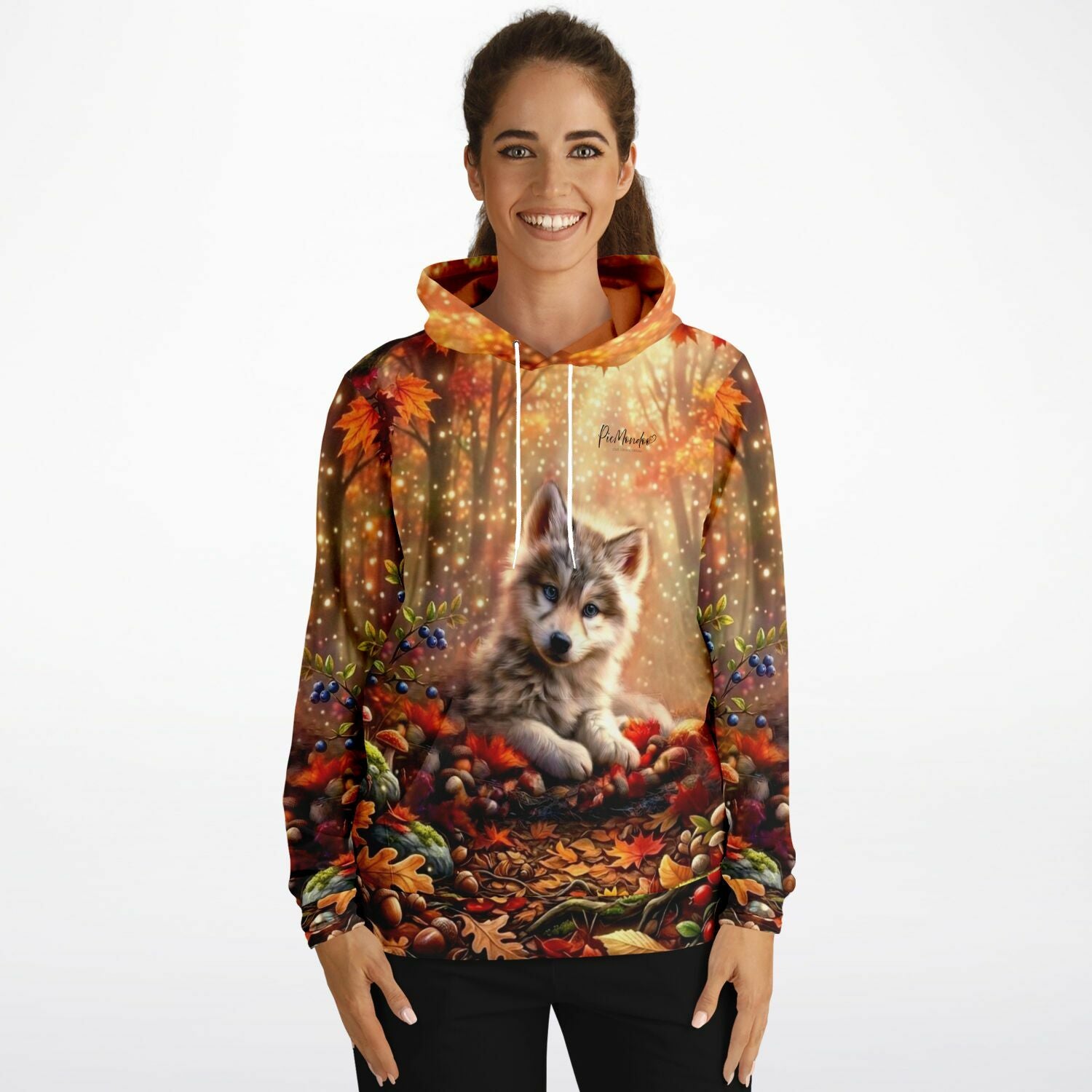Dreamer Hoodie Akiro mit Wolfsmotiv im herbstlichen Wald, inspiriert von Diamond Painting und Malen nach Zahlen Design.