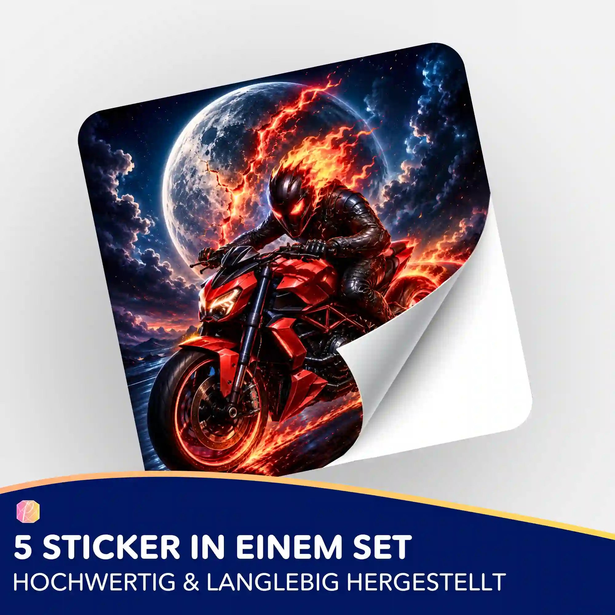 Grenzgänger Sticker 5er-Set für Diamond Painting Fans mit feurigem Motorrad-Motiv bei Vollmond