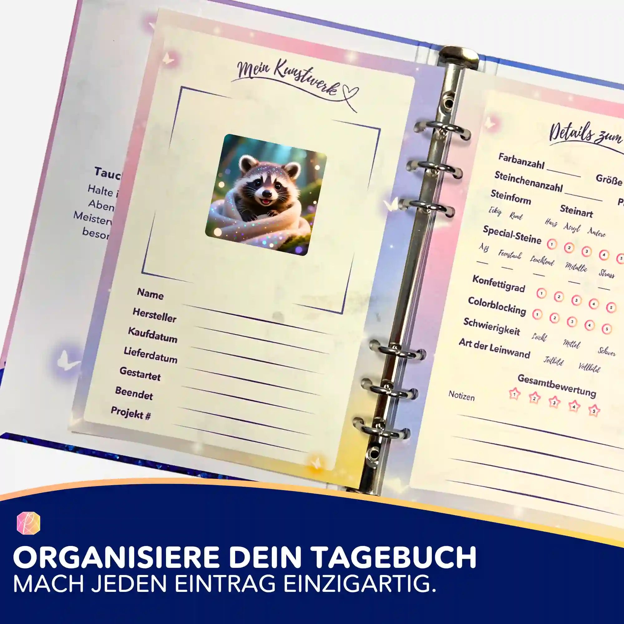 Waschbär-Sticker für Diamond Painting Tagebuch zur Organisation von DIY-Projekten und Diamanten Painting Kunstwerken