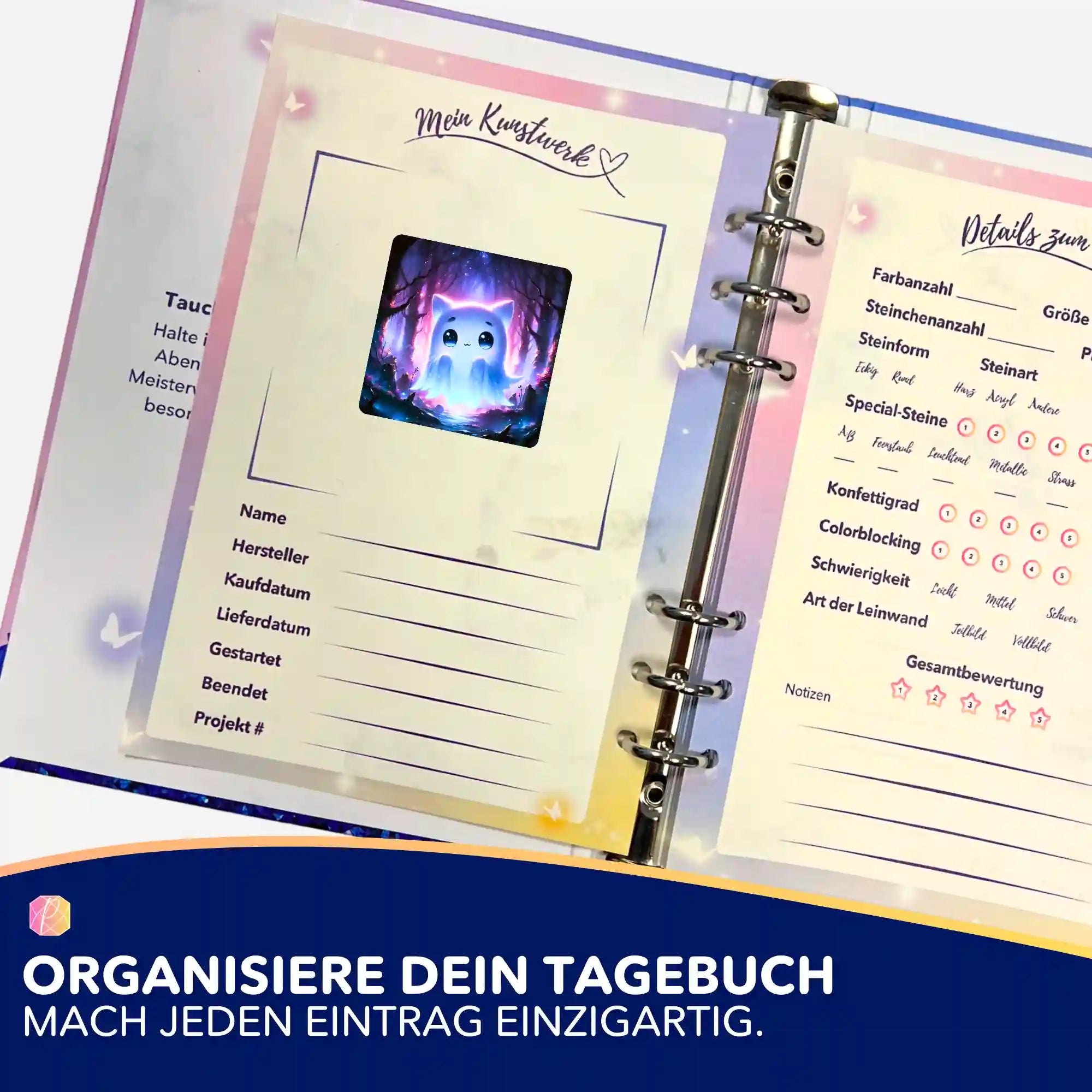 Picmondoo Aufkleber-Set für Diamond Painting Tagebuch zur Organisation von Bastelprojekten mit leuchtendem Katzenmotiv