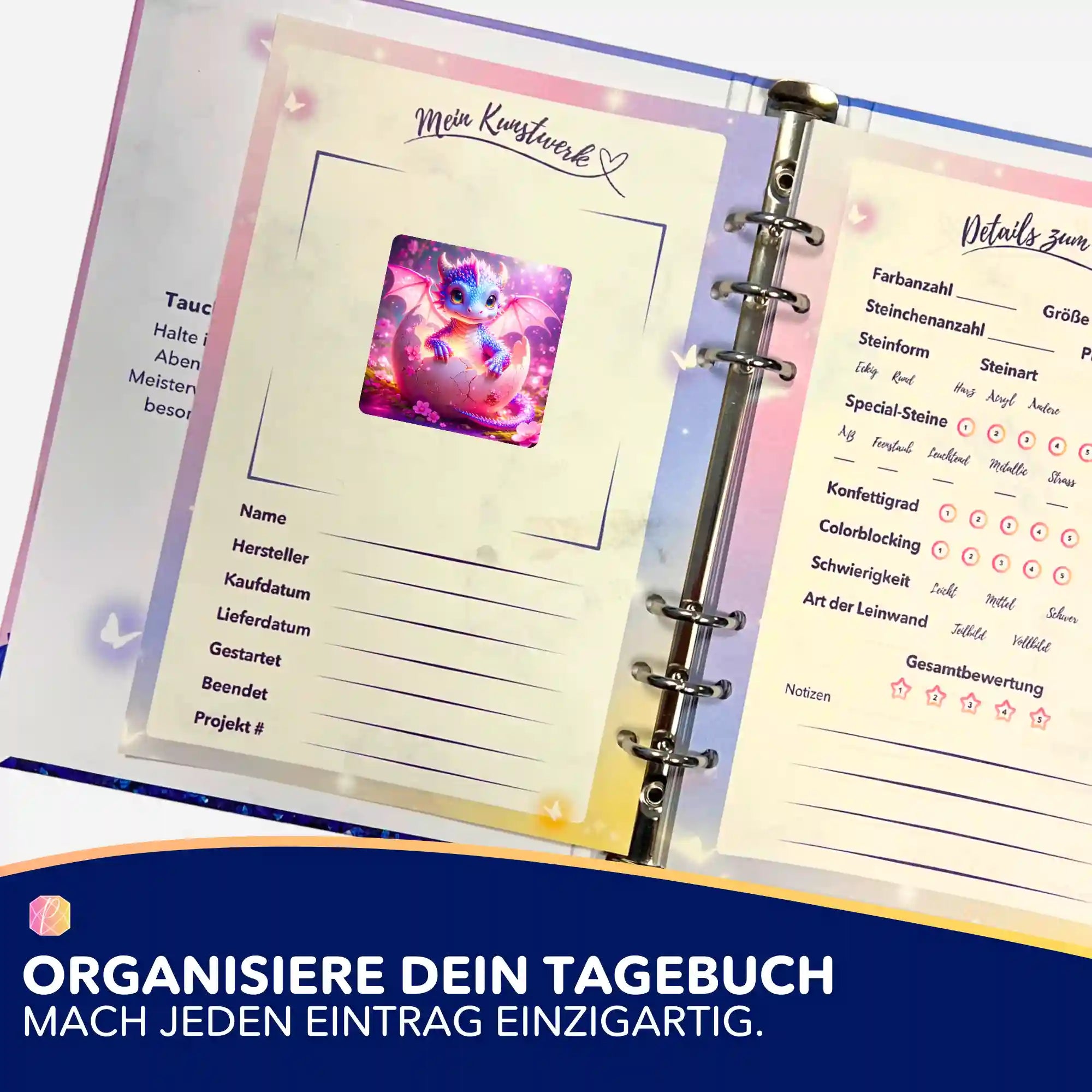 Dragon Sunny Aufkleber im Diamond Painting Tagebuch zur Organisation von Projekten aus dem Picmondoo Set