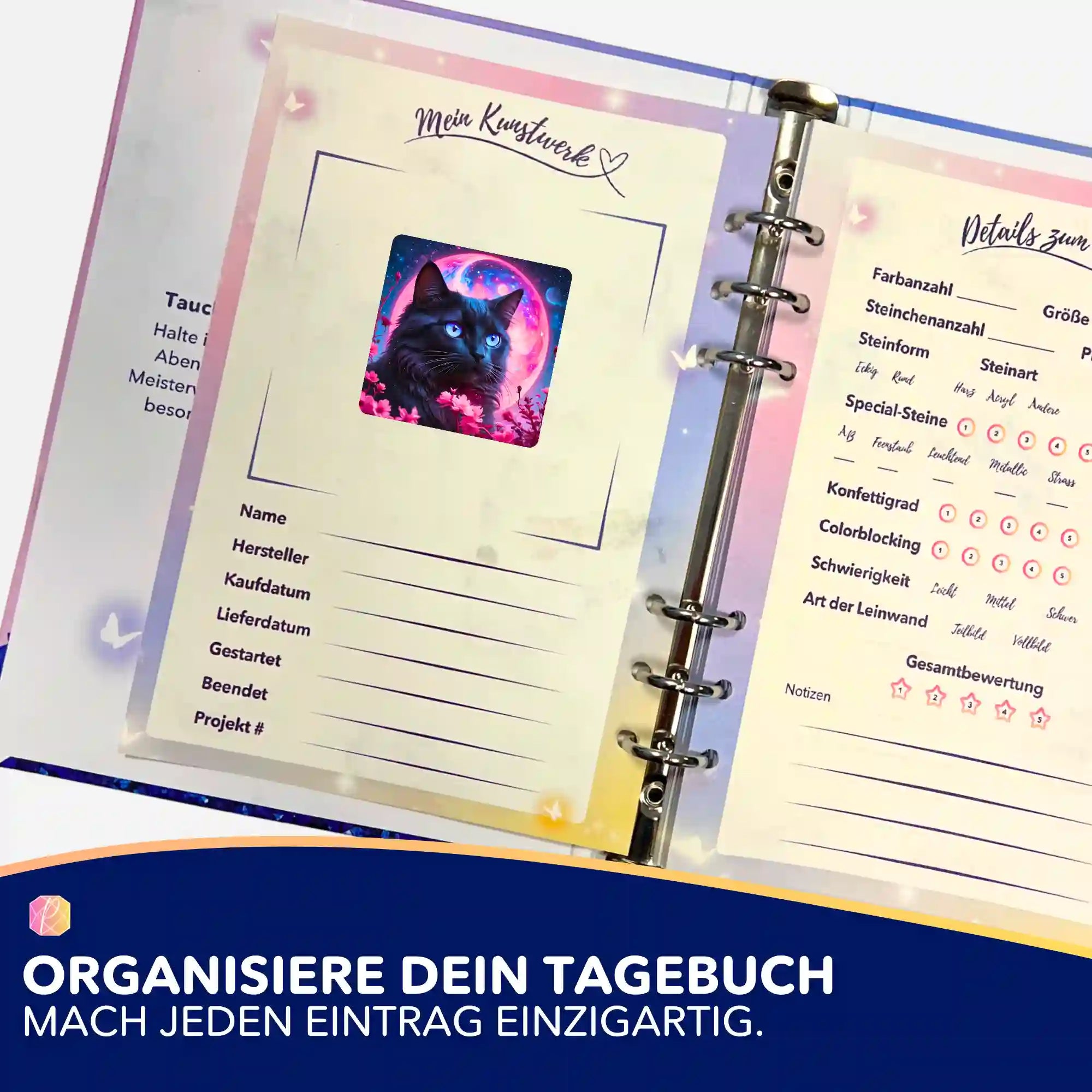 Picmondoo Sticker für Diamond Painting Tagebuch mit Katzenmotiv zur Organisation von Bastelprojekten