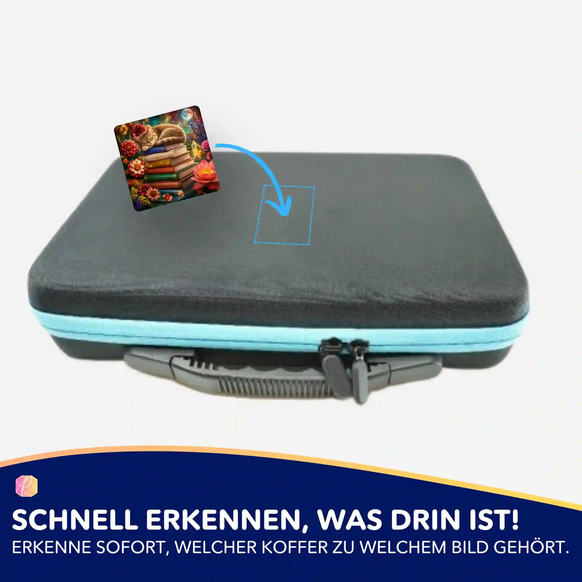 Diamond Painting Aufkleber Bücherträumerei auf schwarzem Zubehör-Koffer zur Kennzeichnung.