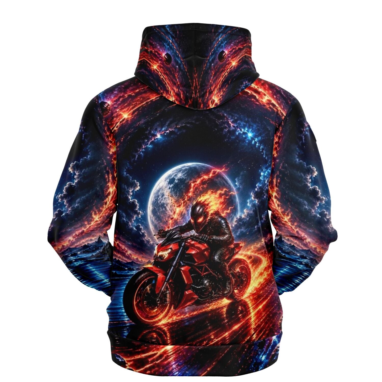 Grenzgänger Dreamer Hoodie mit Motorradfahrer, flammendem Vollmond-Design und All-Over-Print Grafik in Feuer-Farben.