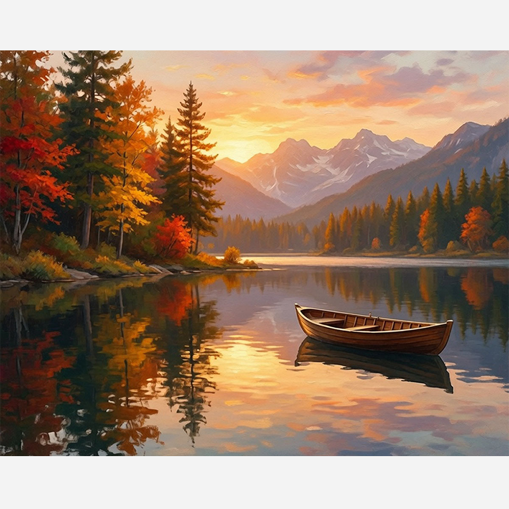 Malen nach Zahlen für Erwachsene Motiv Ruhige See im Herbst mit Ruderboot, Bergen und herbstlichem Wald bei Sonnenuntergang