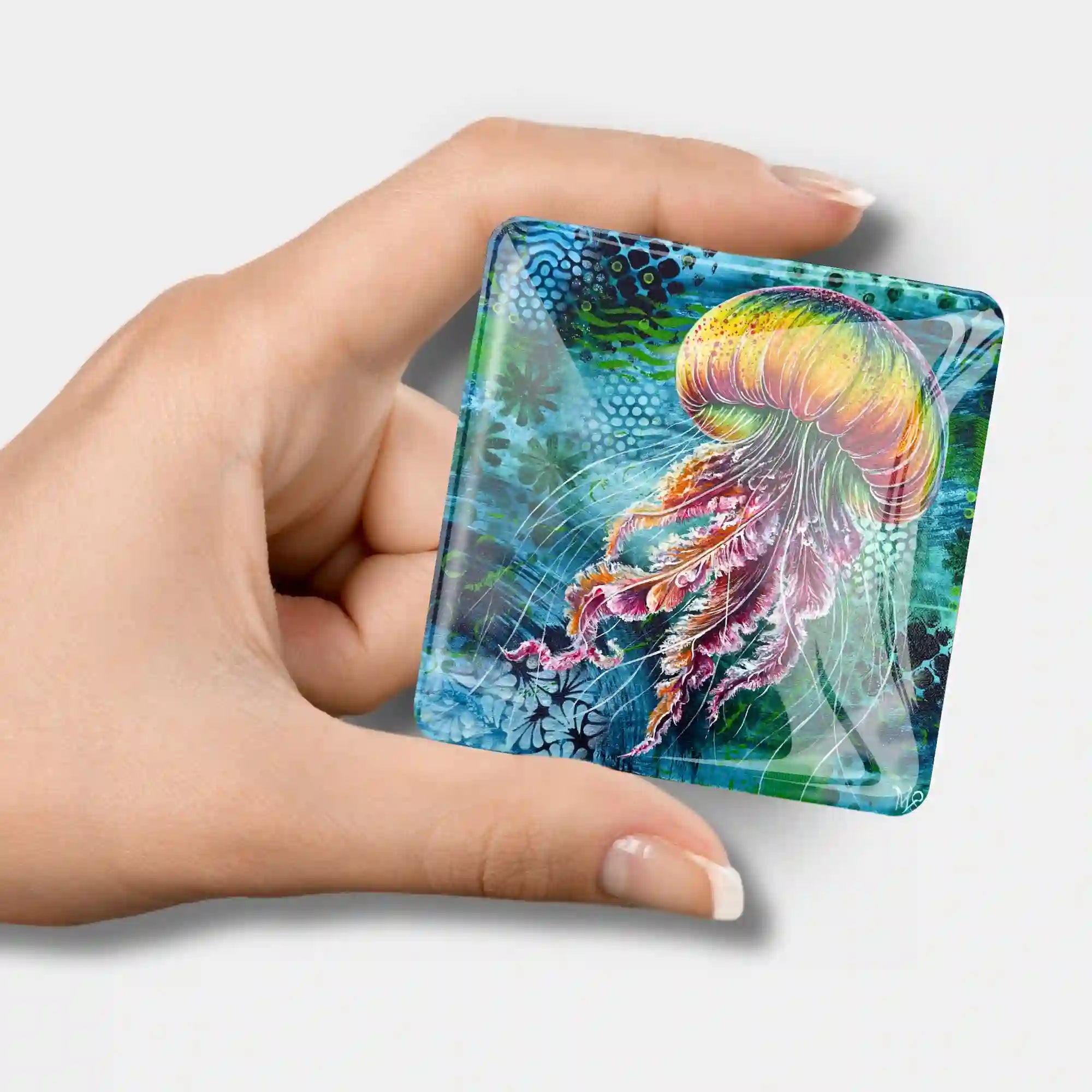 Quadratischer Medusa Solaris Glas-Coverminder mit buntem Quallen-Motiv als praktisches Zubehör für Diamond Painting Sets