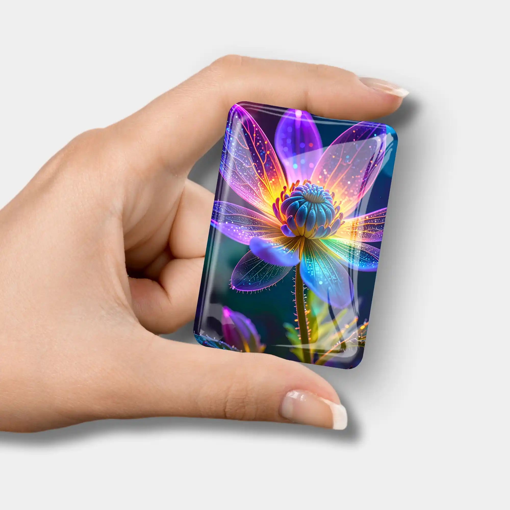 Magischer Glas-Cover Minder mit neonfarbenem Blumen-Motiv als praktisches Zubehör für dein Diamond Painting Set.