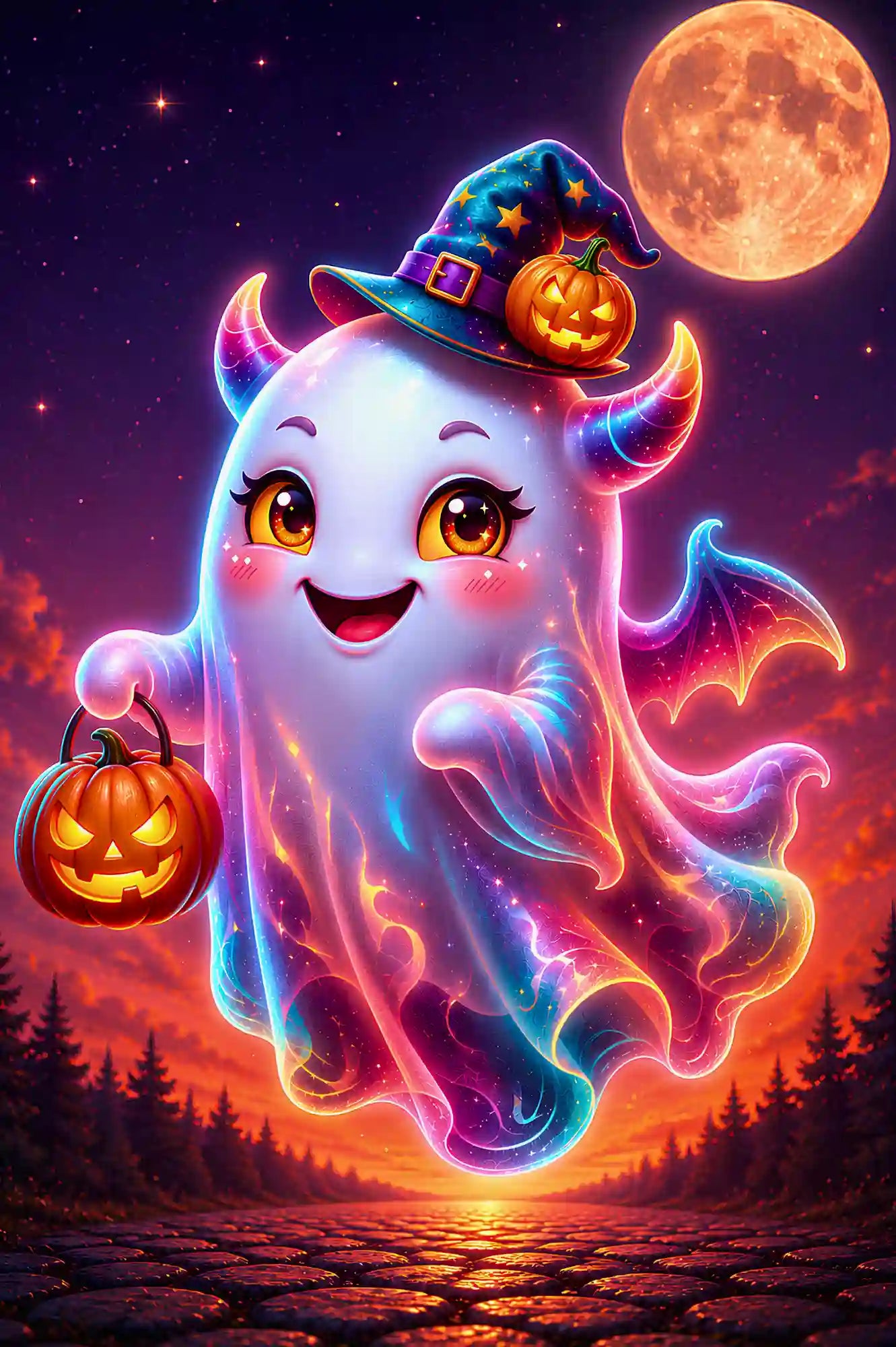 Diamond Painting Set mit süßem Halloween-Geist, Kürbis-Lampion und Vollmond im magischen Fantasy-Design
