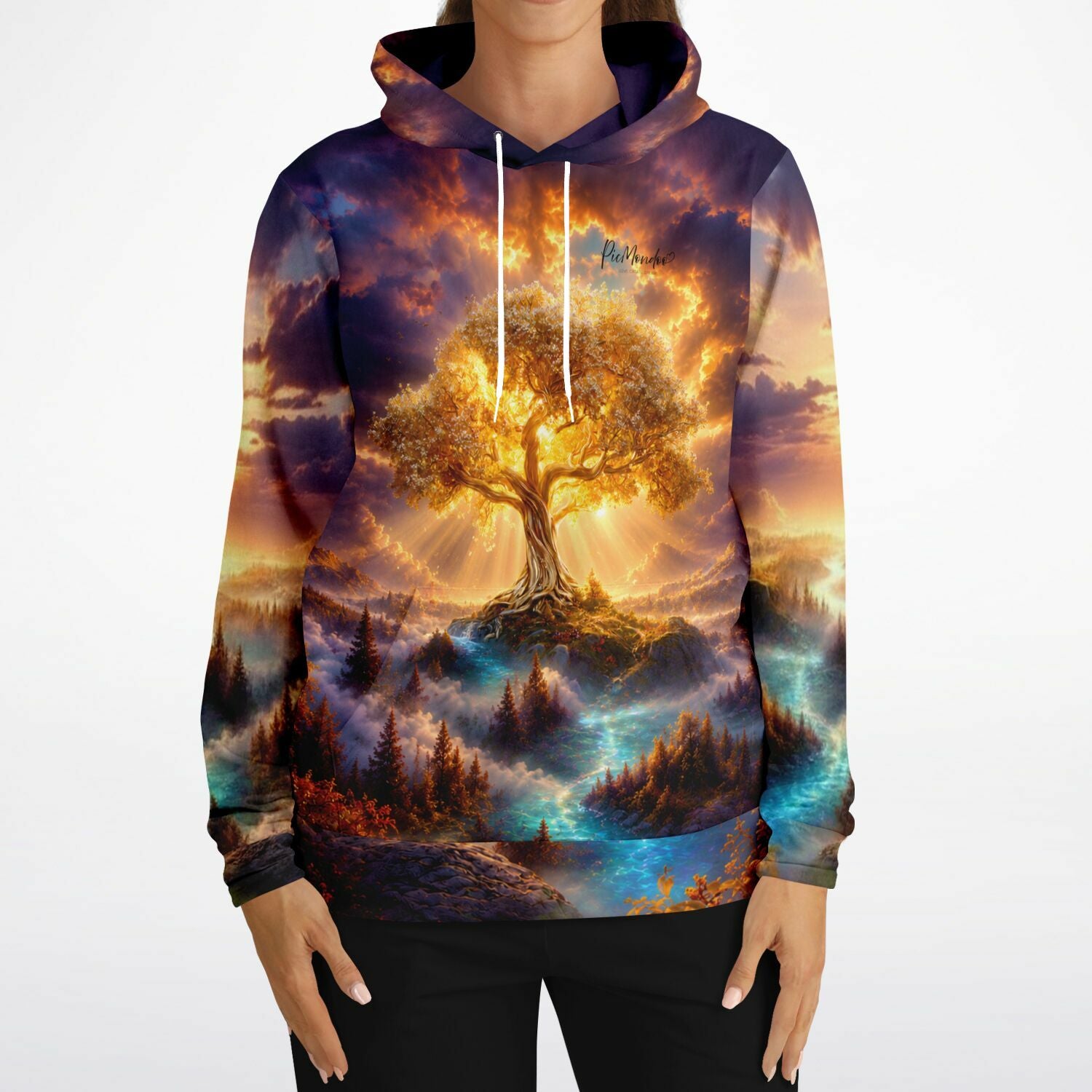 Dreamer Hoodie mit goldenem Weltenbaum Motiv, farbenfroher All-Over-Print im Stil beliebter Diamond Painting Kunstwerke