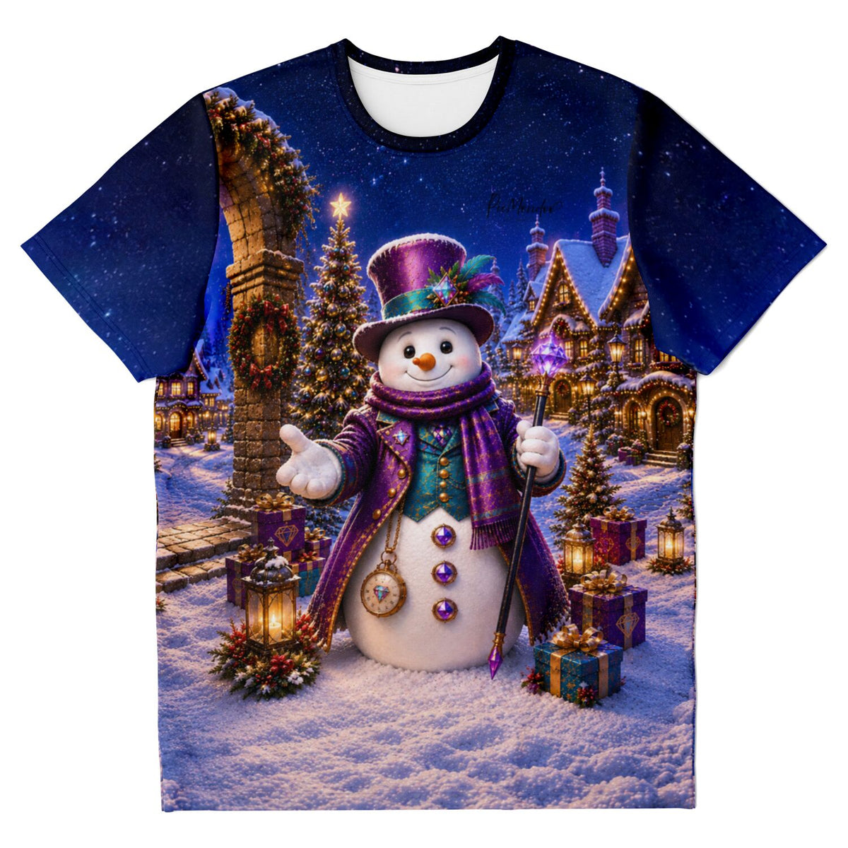 T-Shirt mit Winterzauber-Motiv: Schneemann in lila Kleidung vor weihnachtlichem Dorf, passend zu Diamond Painting-Designs.