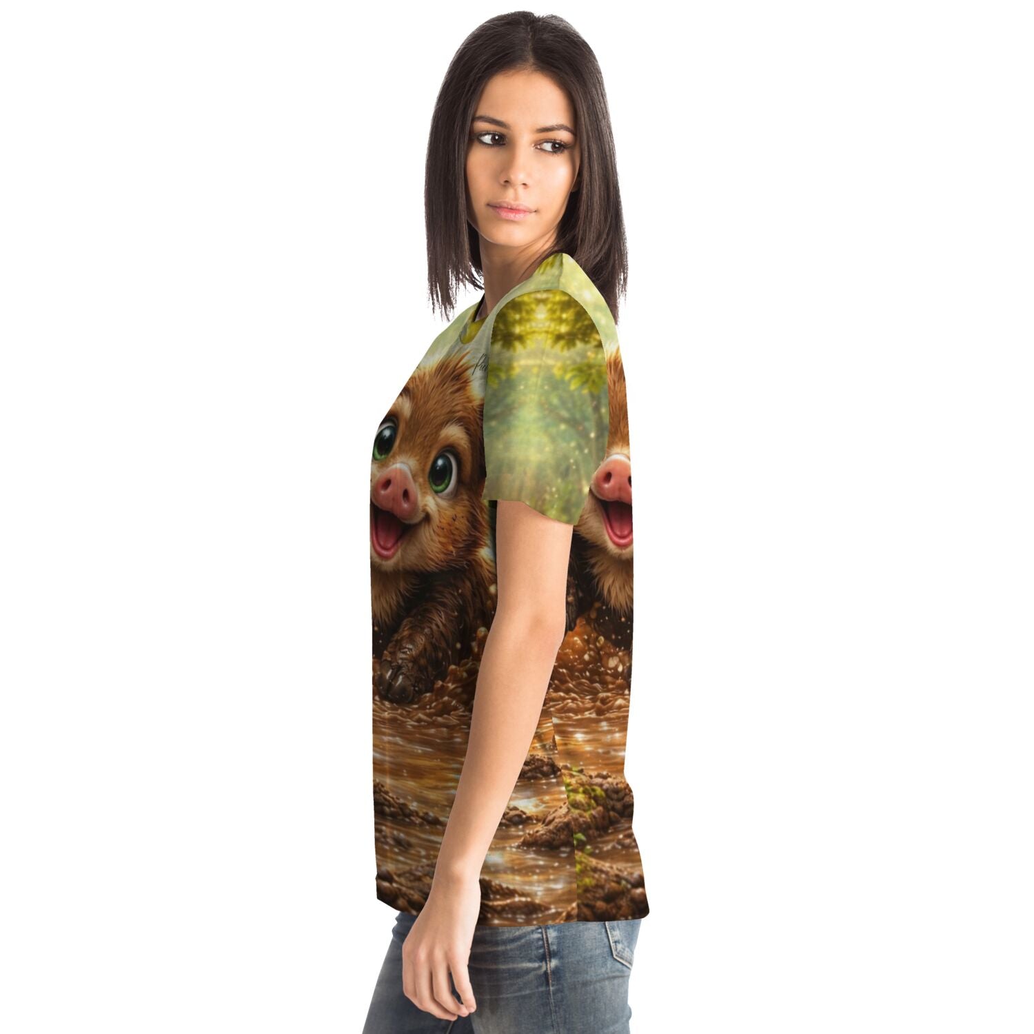 Frau trägt Dreamer T-Shirt mit Pfützenglück Motiv – süßes Ferkel Design im Stil von Malen nach Zahlen und Diamond Painting
