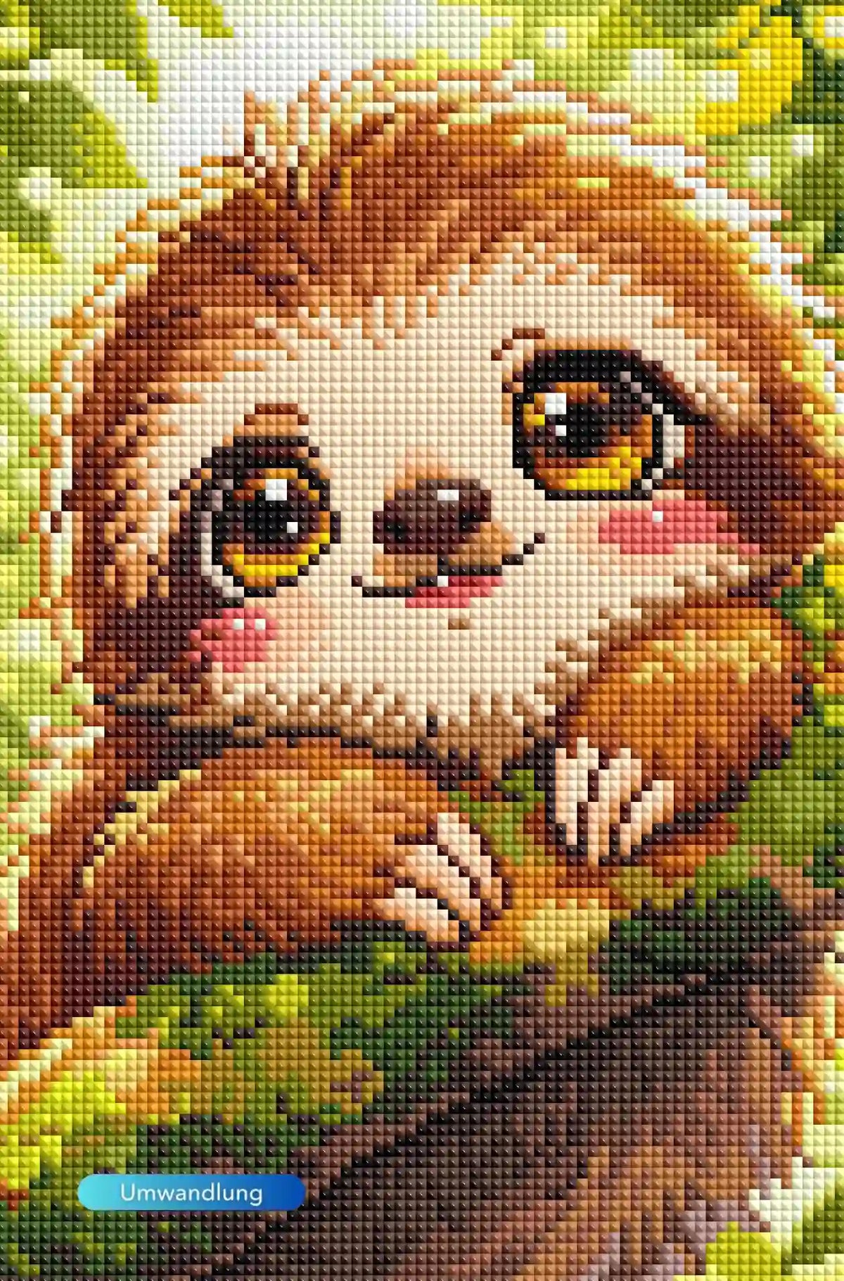 Diamond Painting Set Moari: Niedliches Faultier-Baby mit großen Augen auf einem Baumast in leuchtenden Farben.