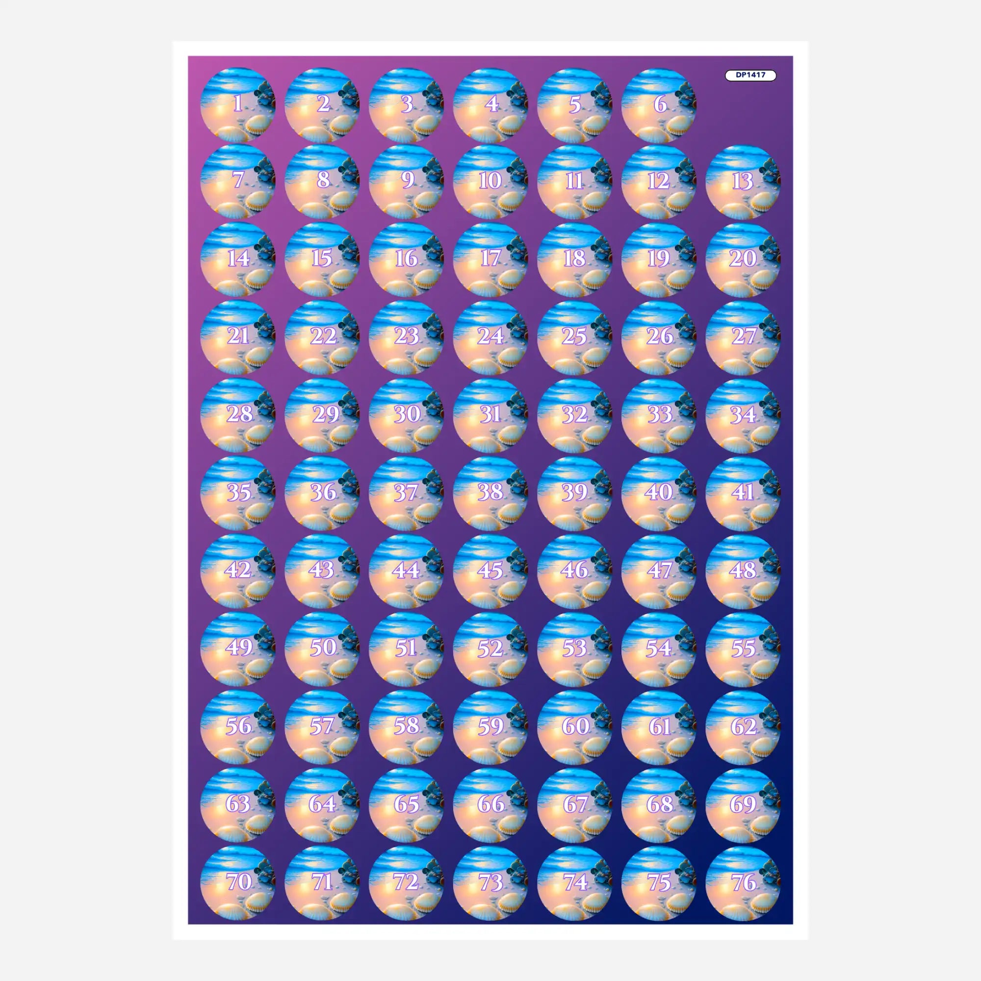 Döschenaufkleber für Diamond Painting zur Sortierung von Steinchen für das Motiv Strand im Nachtglanz mit Nummern 1 bis 76.