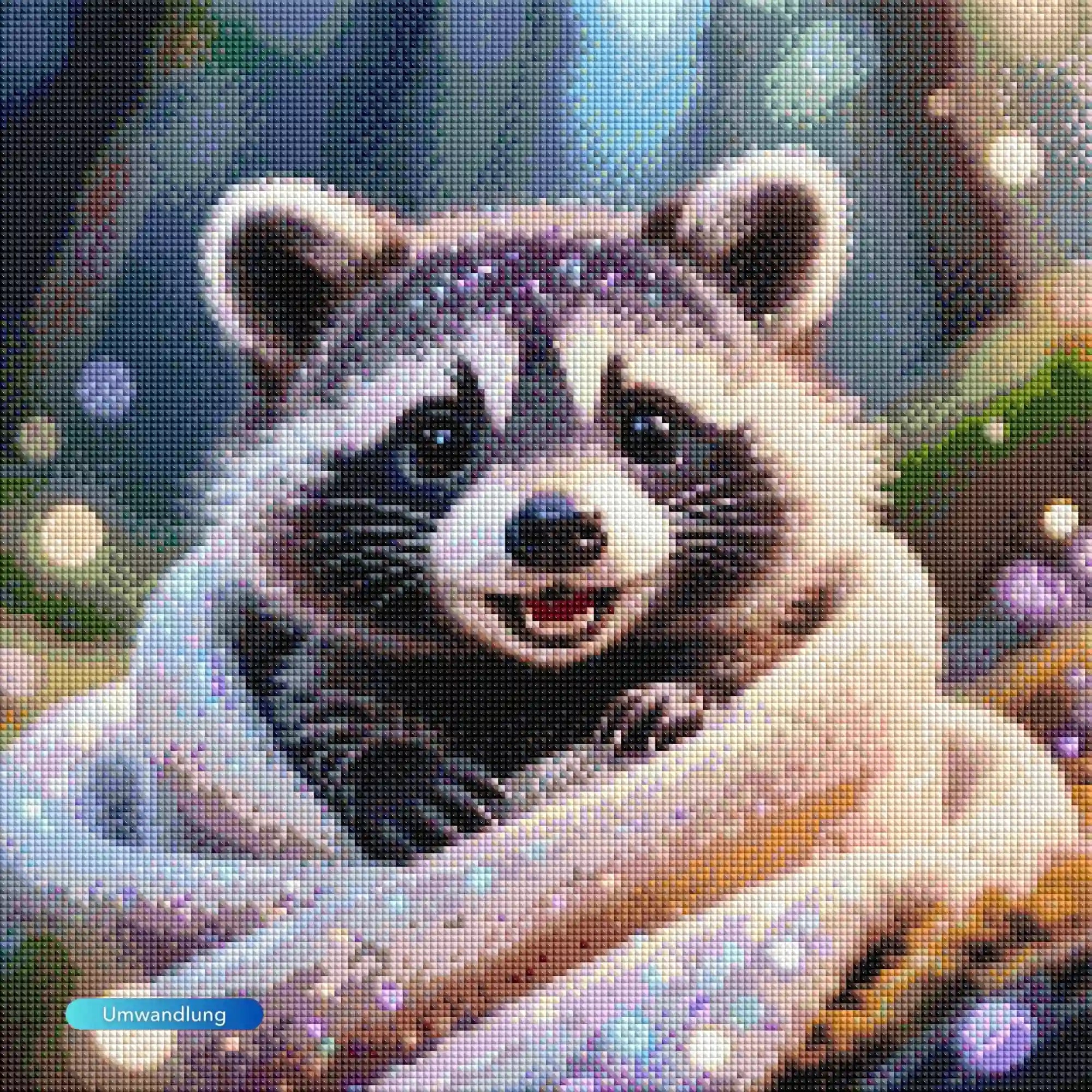 Diamond Painting Set eines niedlichen Waschbären mit großen Augen in ein weiches Handtuch eingewickelt mit Glitzereffekt