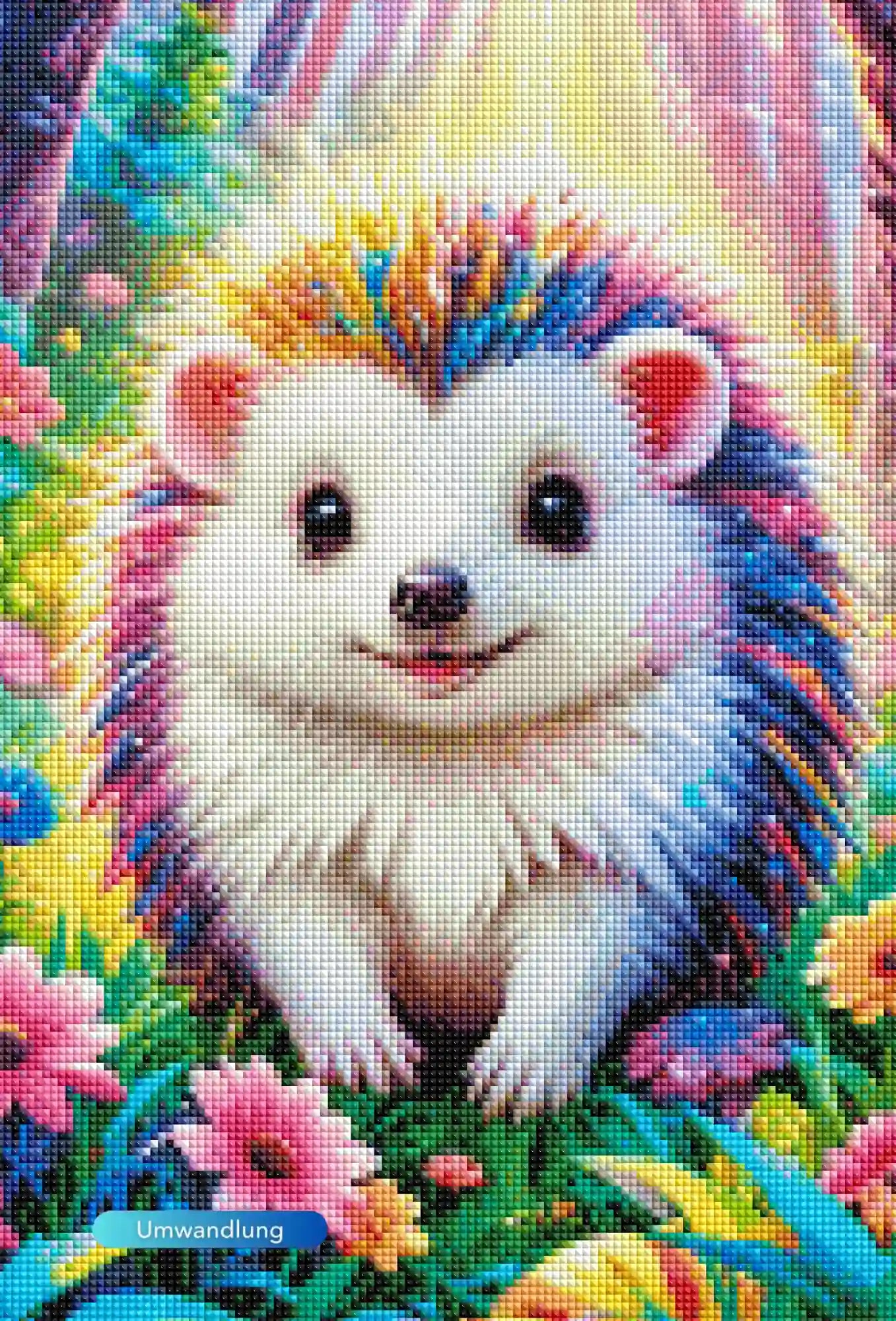 Diamond Painting Set Igel Stups: Ein süßer, bunter Igel mit leuchtendem Stachelkleid zwischen Blumen im magischen Wald.