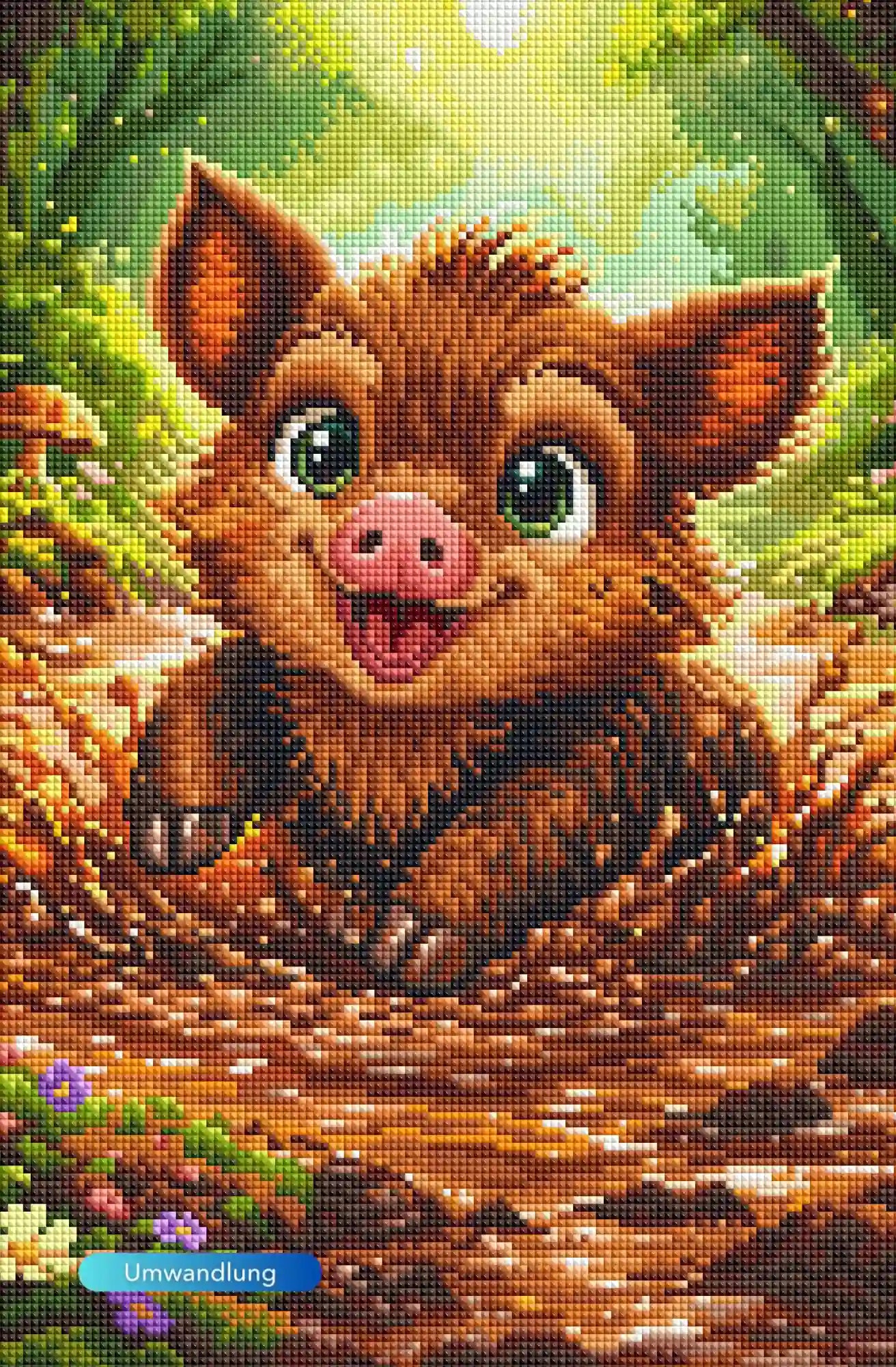 Diamond Painting Set Pfützenglück: Niedliches Wildschweinbaby spielt glücklich im Matsch im Wald vor sonniger Kulisse.
