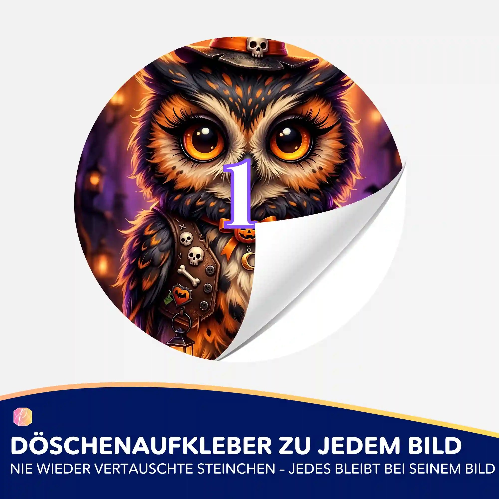 Runder Döschenaufkleber mit Eulen-Motiv Wächter der Kürbisnacht für die perfekte Diamond Painting Sortierung