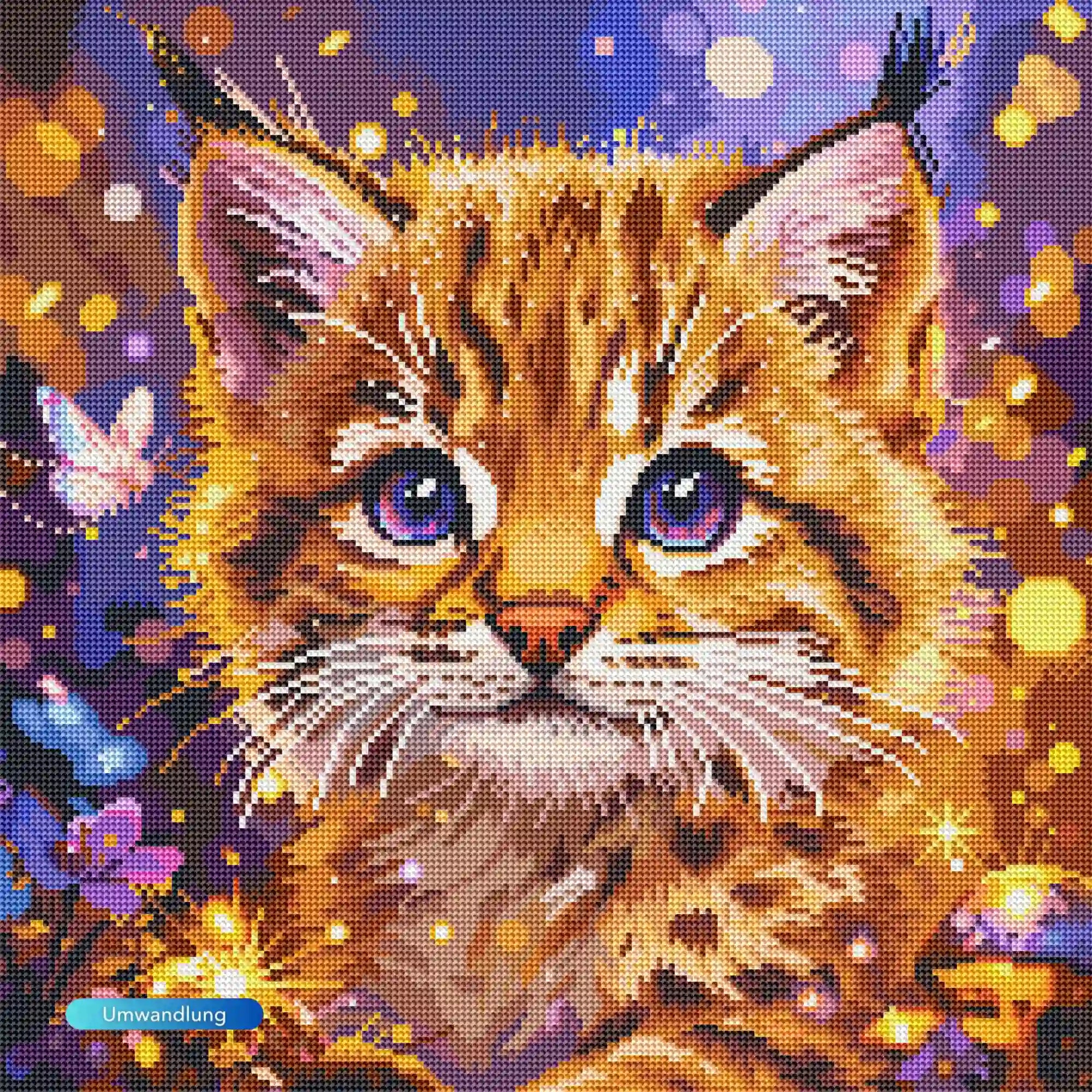 Diamond Painting Set Luchs mit leuchtenden Schmetterlingen im Zauberwald, detailreiches Tier-Motiv aus glitzernden Steinen.