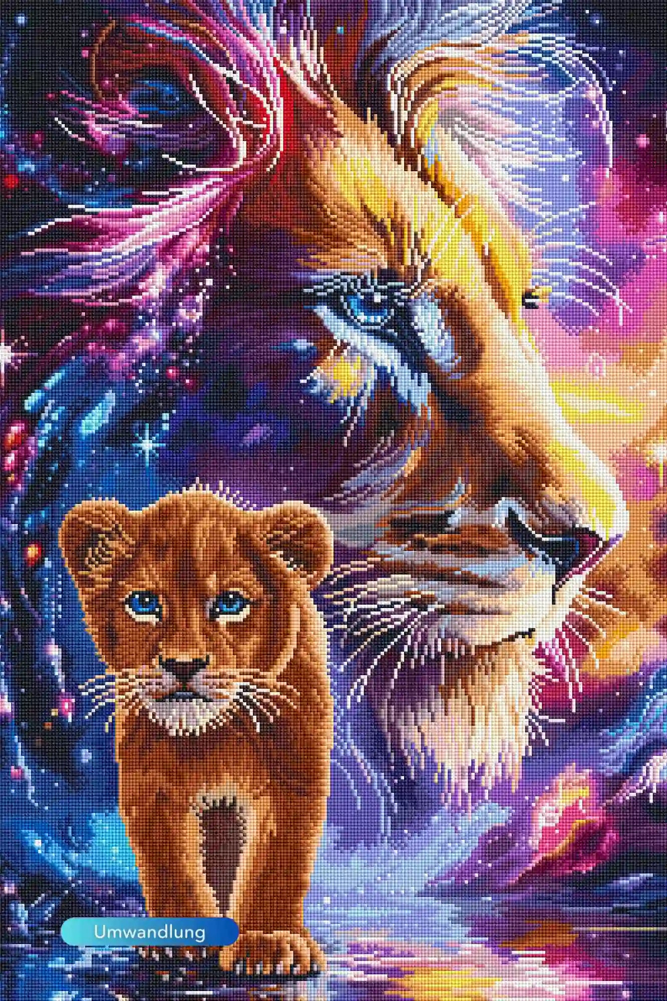 Diamond Painting Löwe mit Löwenbaby vor einem bunten Galaxie-Sternenhimmel, detailreiches DIY-Set mit Glitzersteinen