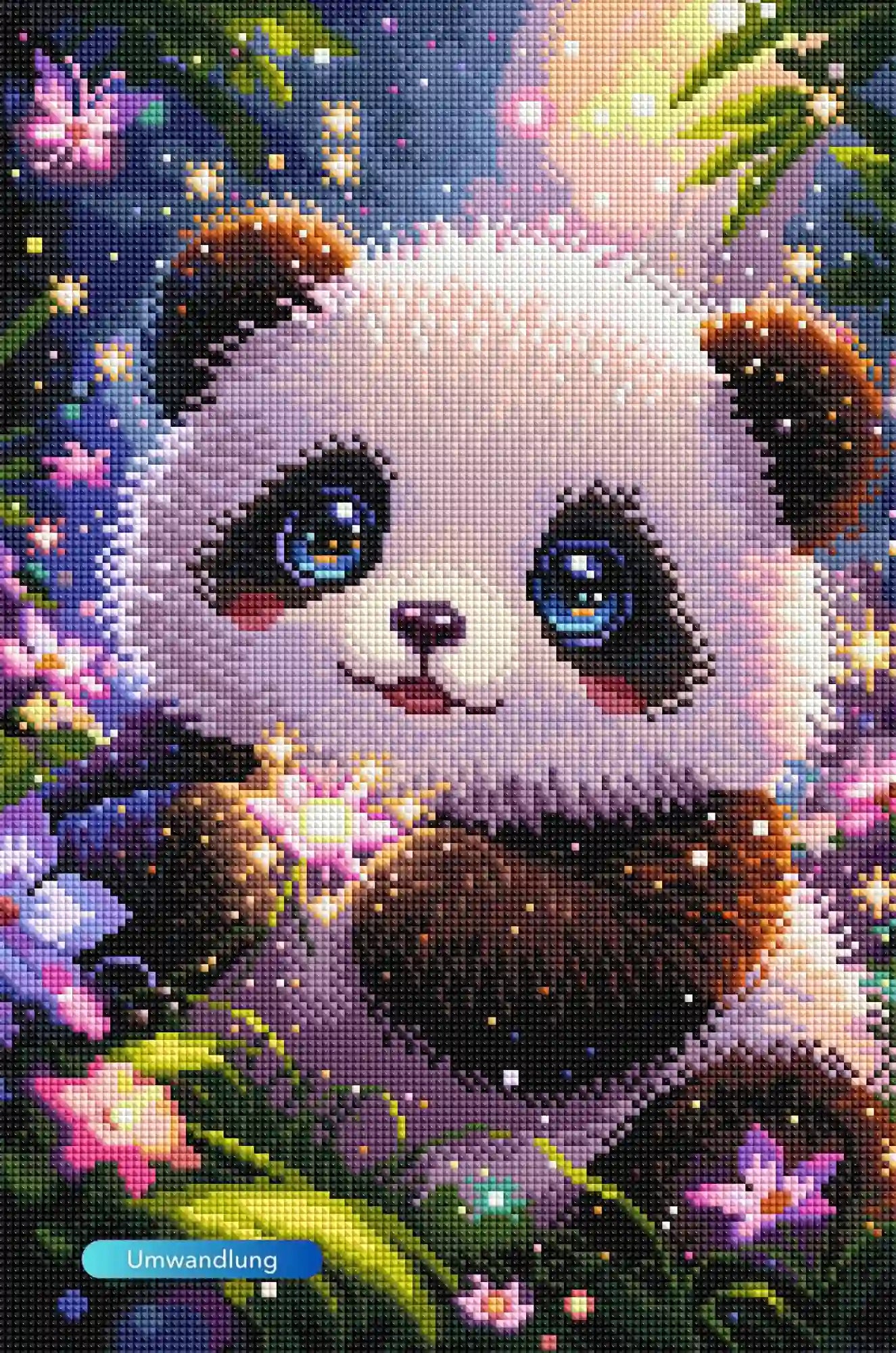 Diamond Painting Set mit niedlichem Pandababy in magischem Blumenwald mit glitzernden Details und großen Augen.