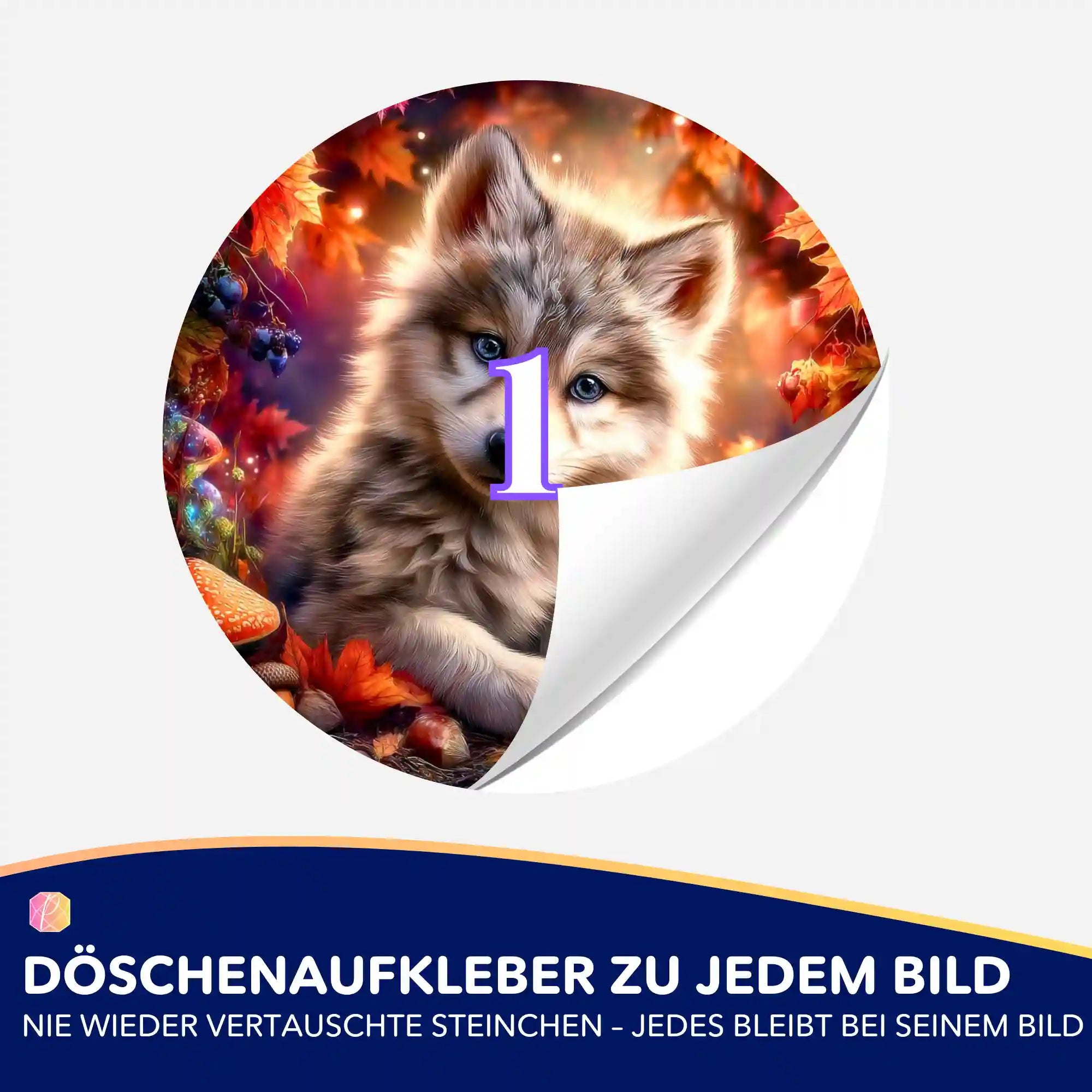 Runder Döschenaufkleber Akiro für Diamond Painting Zubehör mit Wolfsmotiv zur Organisation der Diamanten Steinchen.