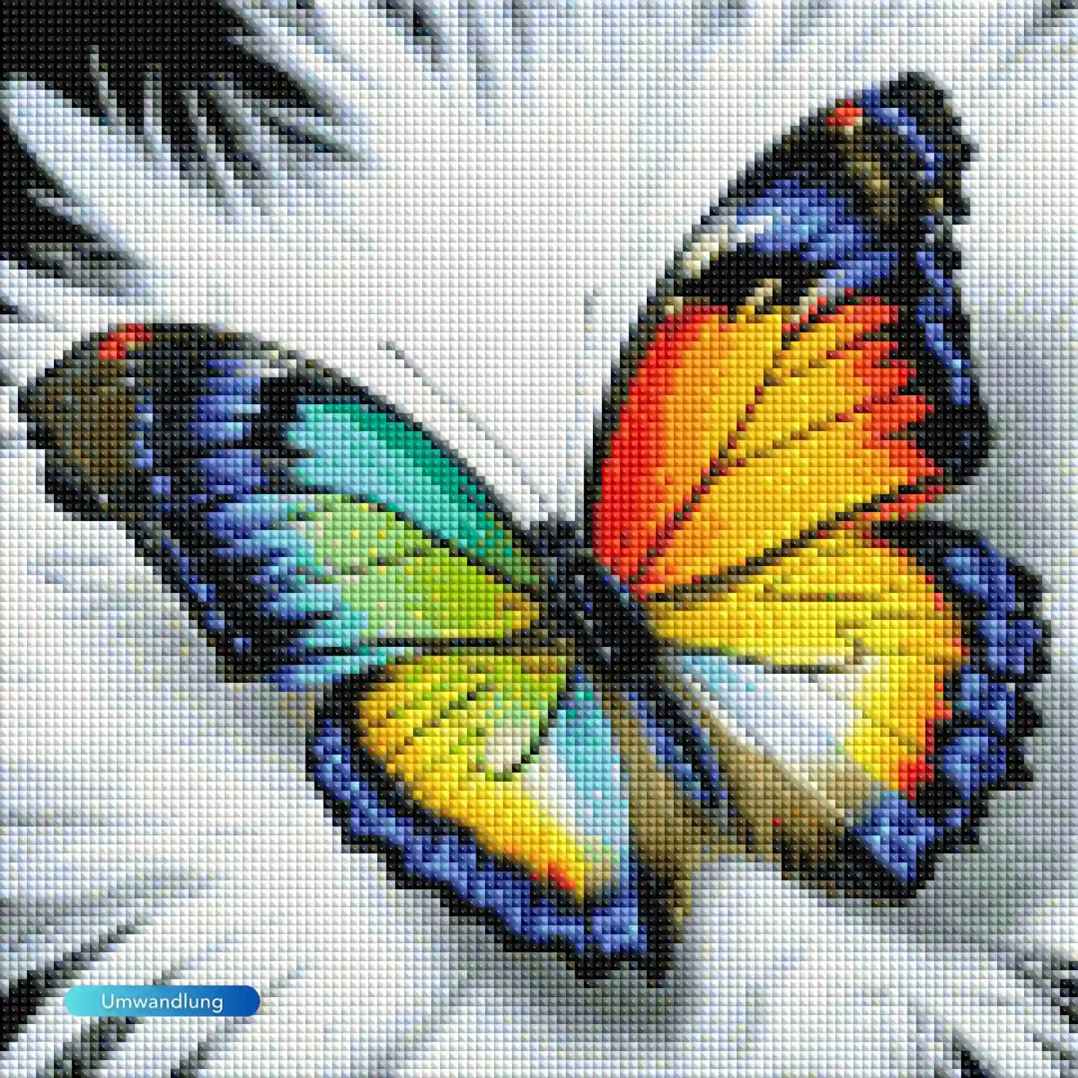 Diamond Painting Set Schmetterling mit bunten Regenbogenflügeln und detailreichen Glitzersteinen auf Leinwand