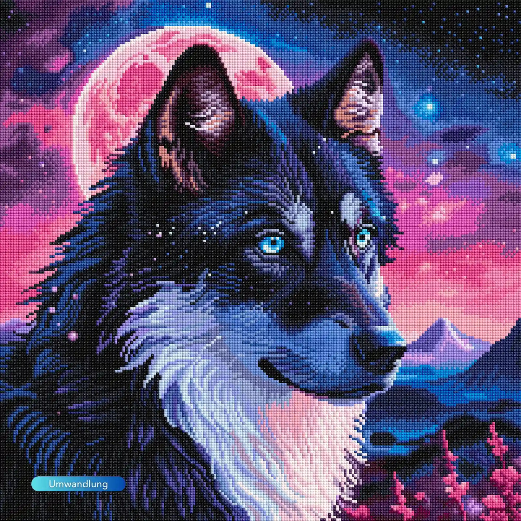 Diamond Painting Set Wolf vor Vollmond in galaktischen Farben mit leuchtenden Augen im Fantasy-Stil