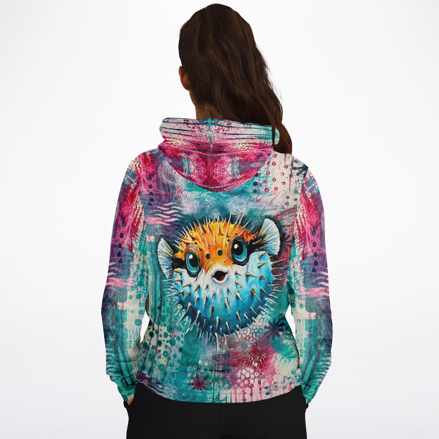 Hoodie mit buntem Kugelfisch-Design in ausdrucksstarker Aquarell-Optik, inspiriert durch Malen nach Zahlen Stil