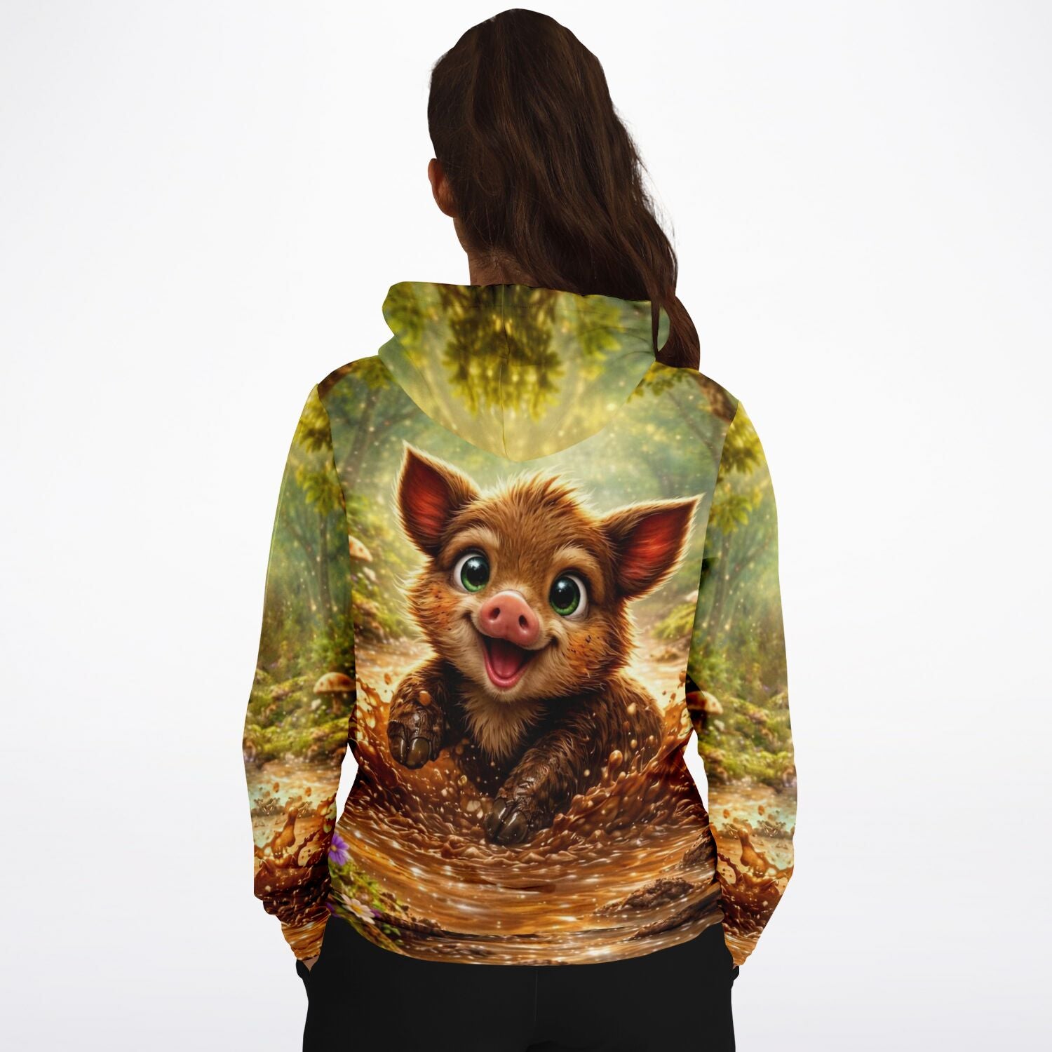 Dreamer Hoodie Pfützenglück mit niedlichem Ferkel-Motiv, das stilistisch hochwertigen Malen nach Zahlen Designs ähnelt.