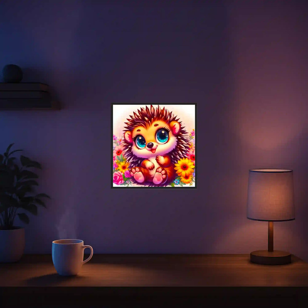 Diamond Painting Set Igel Hermine im Cartoon-Stil mit bunten Blumen, als fertiges glitzerndes Wandbild in Szene gesetzt.