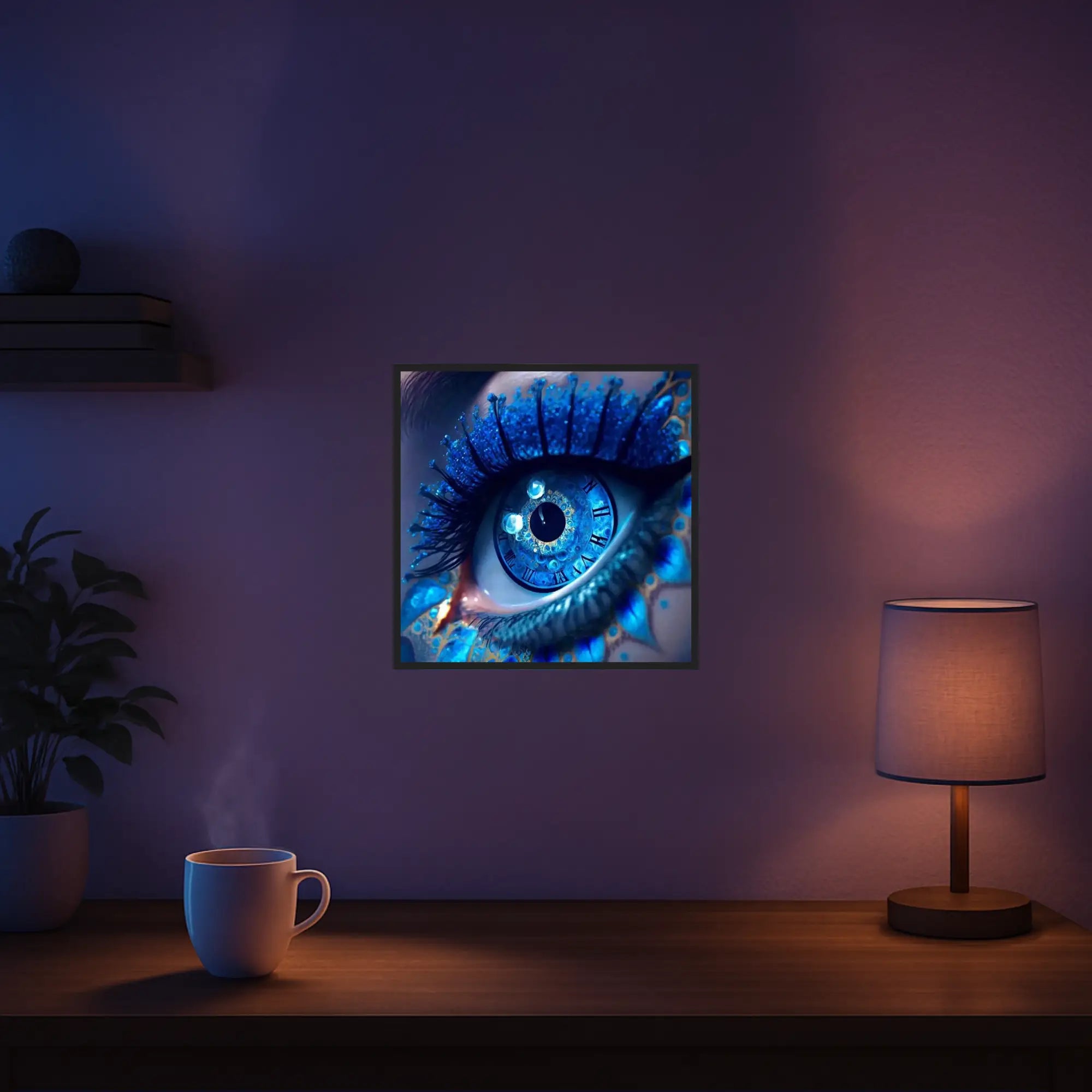 Diamond Painting Set Blick der Zeit: Buntes Auge mit Uhren-Iris in Blau-Tönen, 30x30cm Leinwand als Wanddekoration.