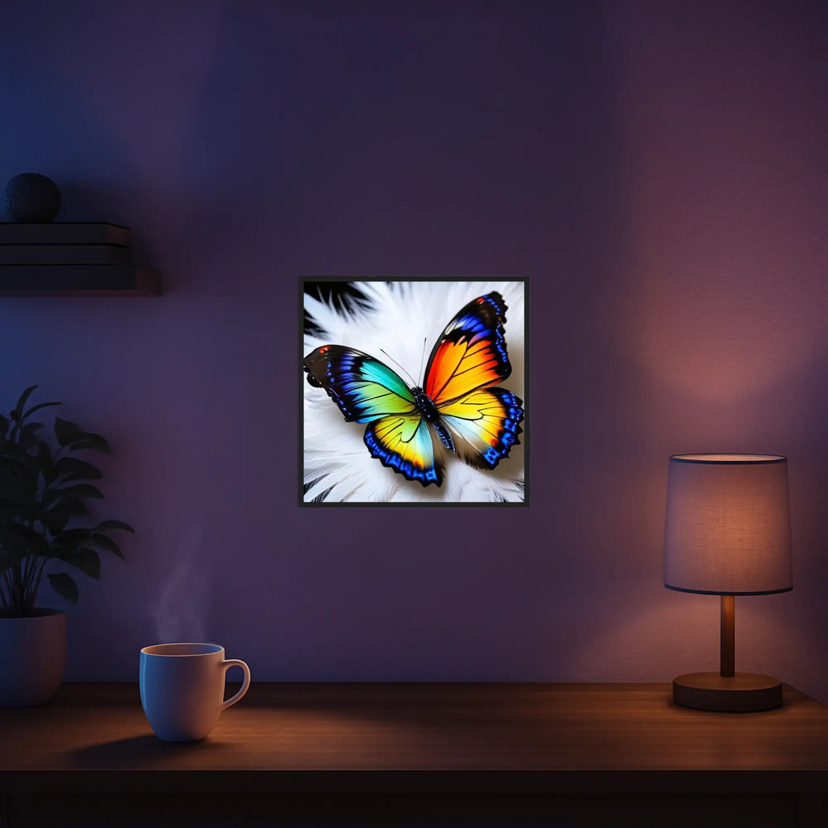 Diamond Painting mit buntem Regenbogen-Schmetterling auf weichen weißen Federn als Wanddekoration im Wohnzimmer