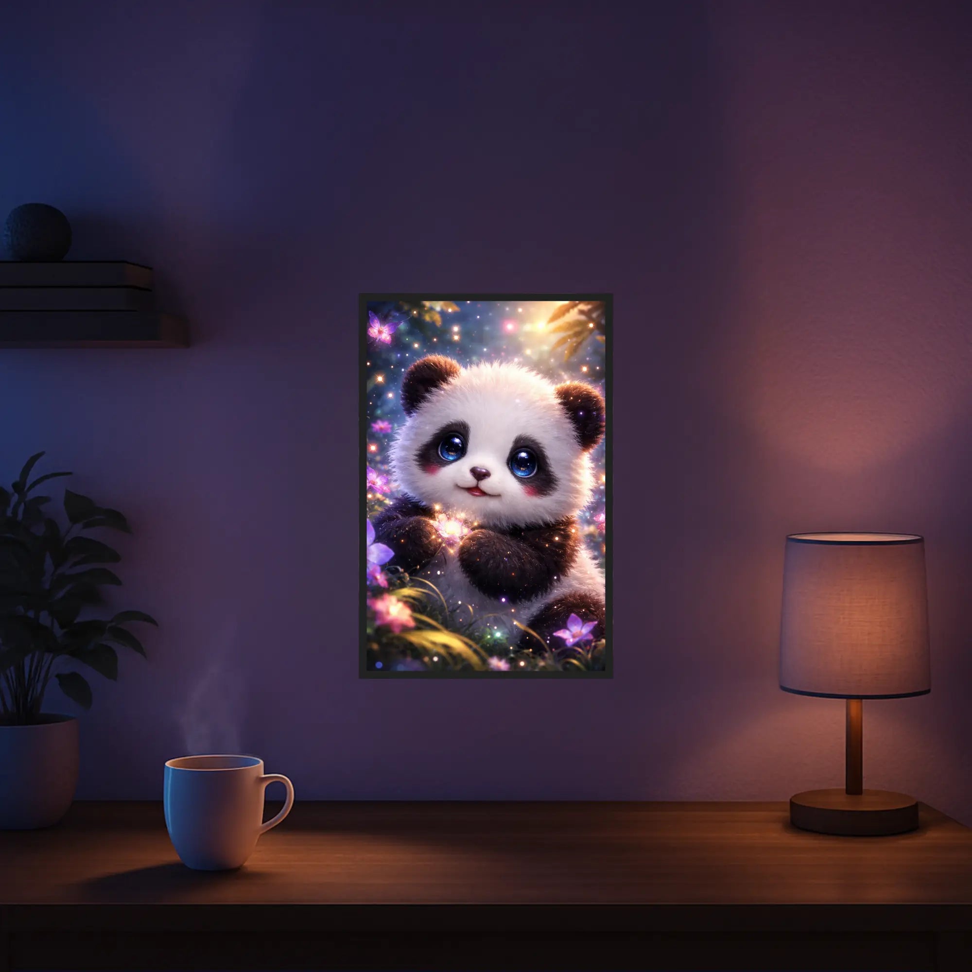 Diamond Painting Set mit niedlichem Pandababy im magischen Zauberwald mit Blumen und Schmetterlingen
