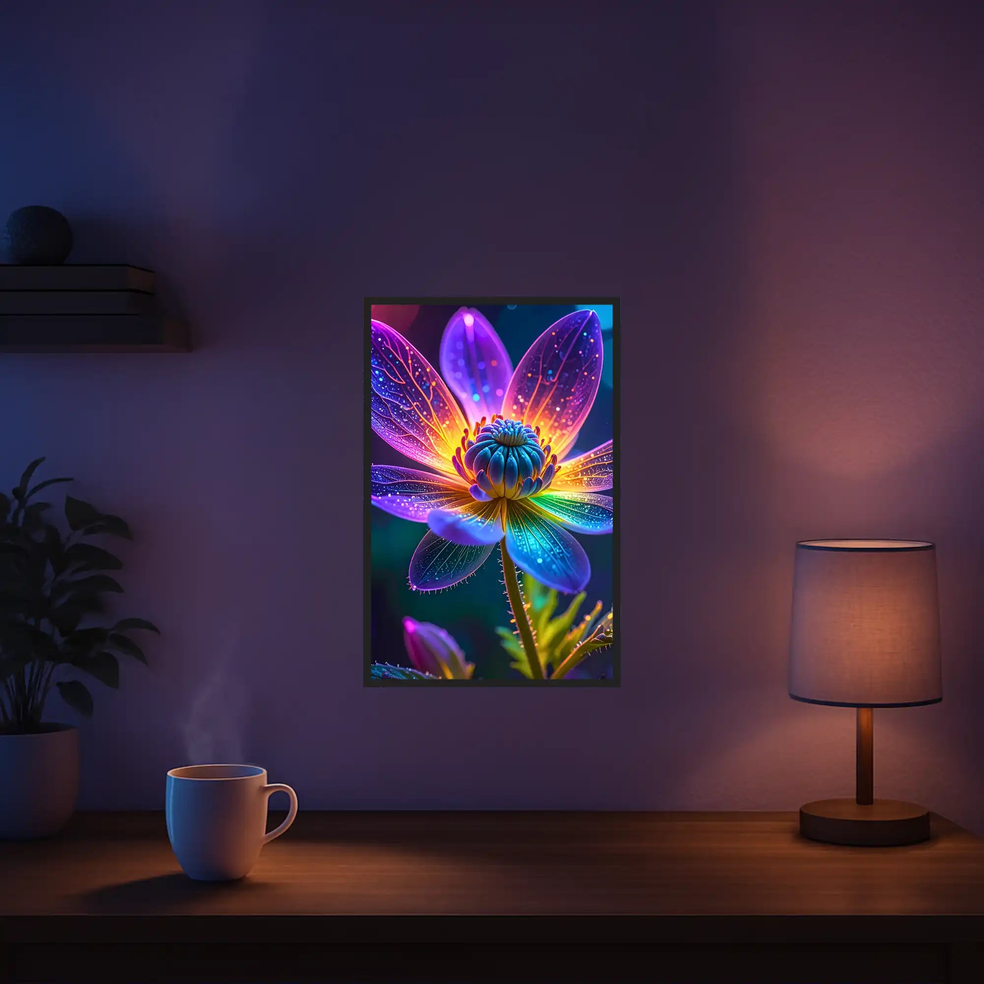 Diamond Painting Set Im Kern des Lichts mit einer magischen, leuchtenden Fantasieblume in bunten Regenbogenfarben.