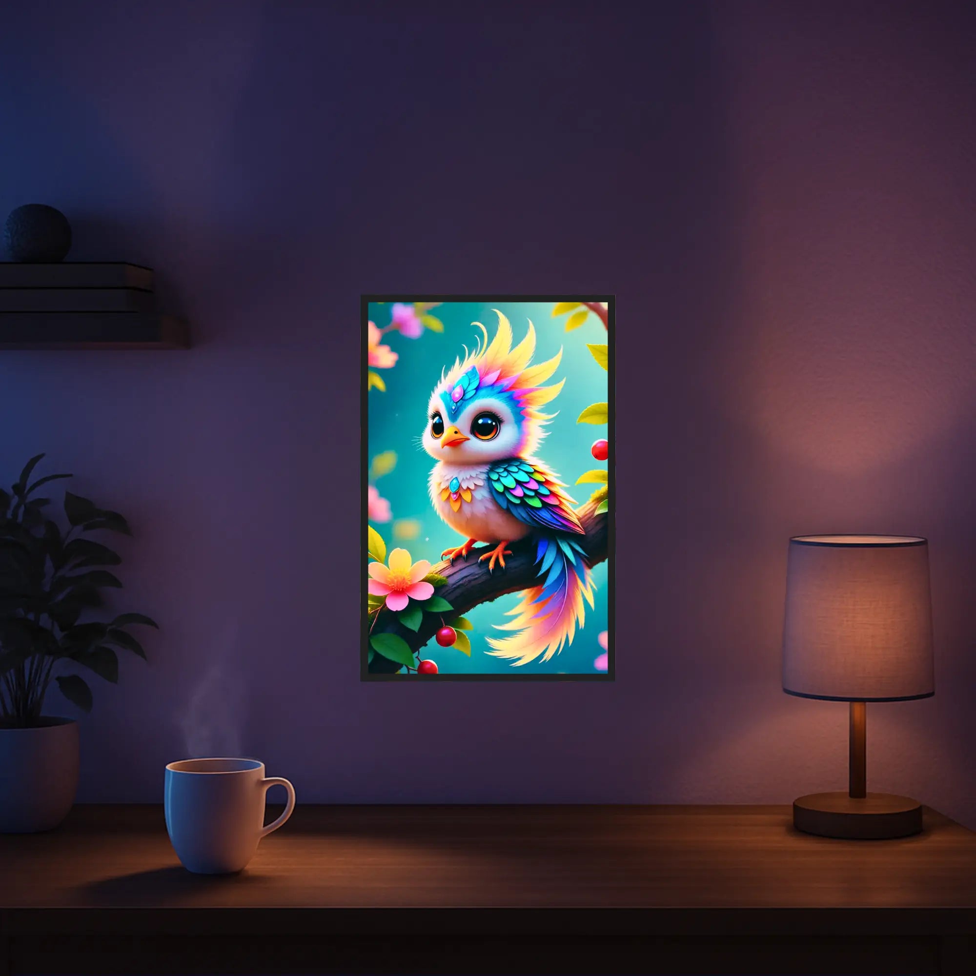 Diamond Painting Set Farbenkind: Bunter Fantasievogel mit leuchtenden Federn auf einem blühenden Ast in Märchenwald-Optik.