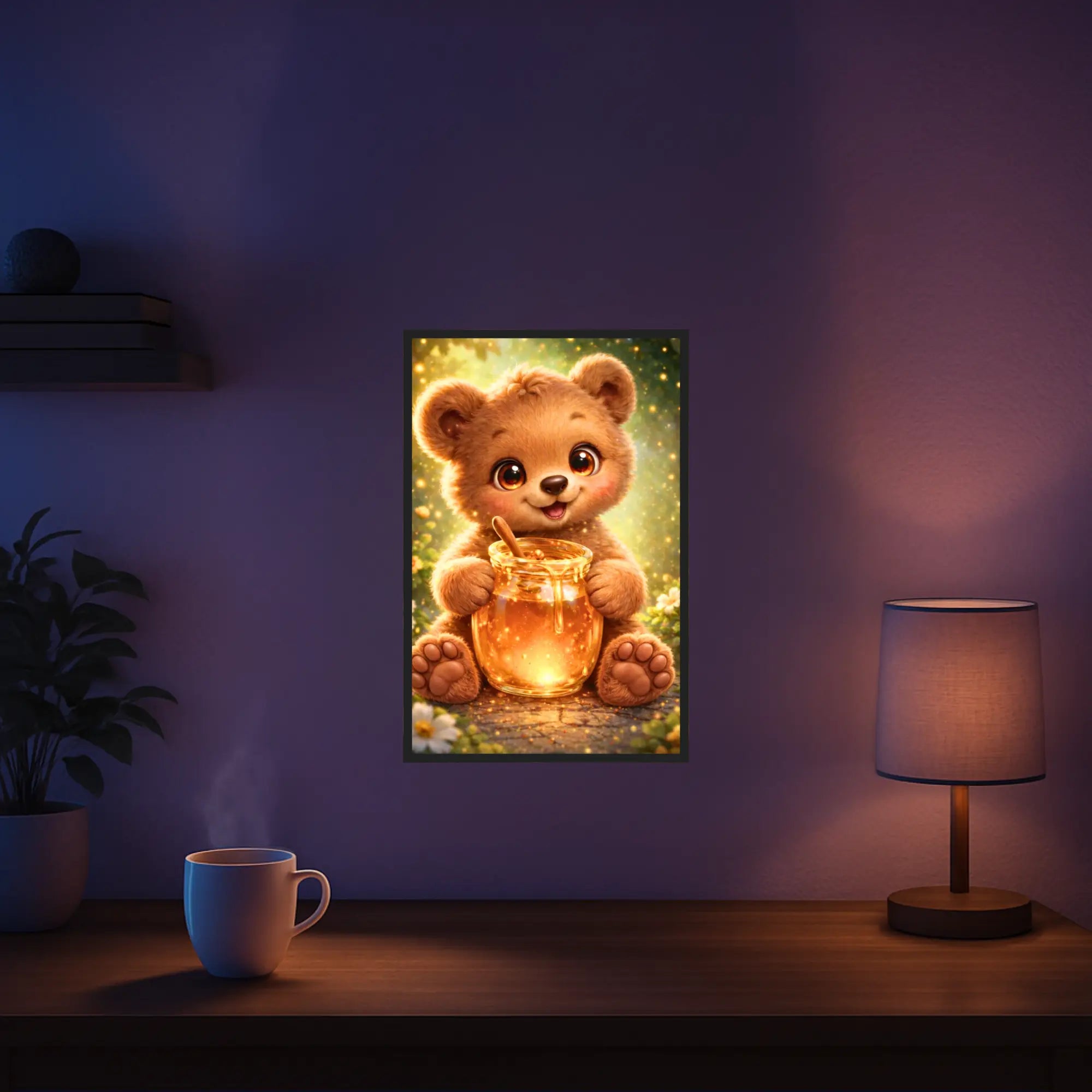 Diamond Painting Set eines niedlichen Teddybären mit Honigtopf im Wald, glitzerndes Tiermotiv als Wanddeko