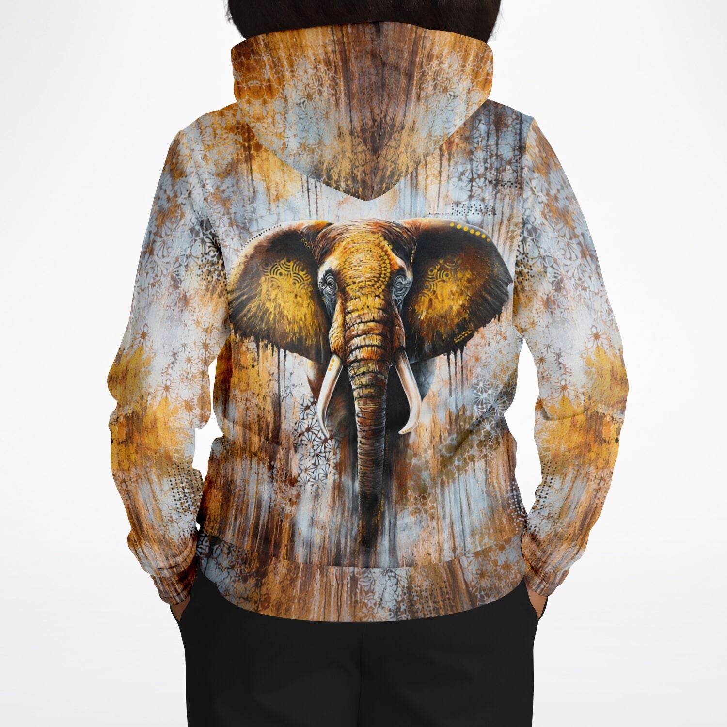 Dreamer Hoodie mit kunstvollem Elefanten-Motiv in Gold- und Erdtönen, ideal für Fans von Malen nach Zahlen und Kunst.